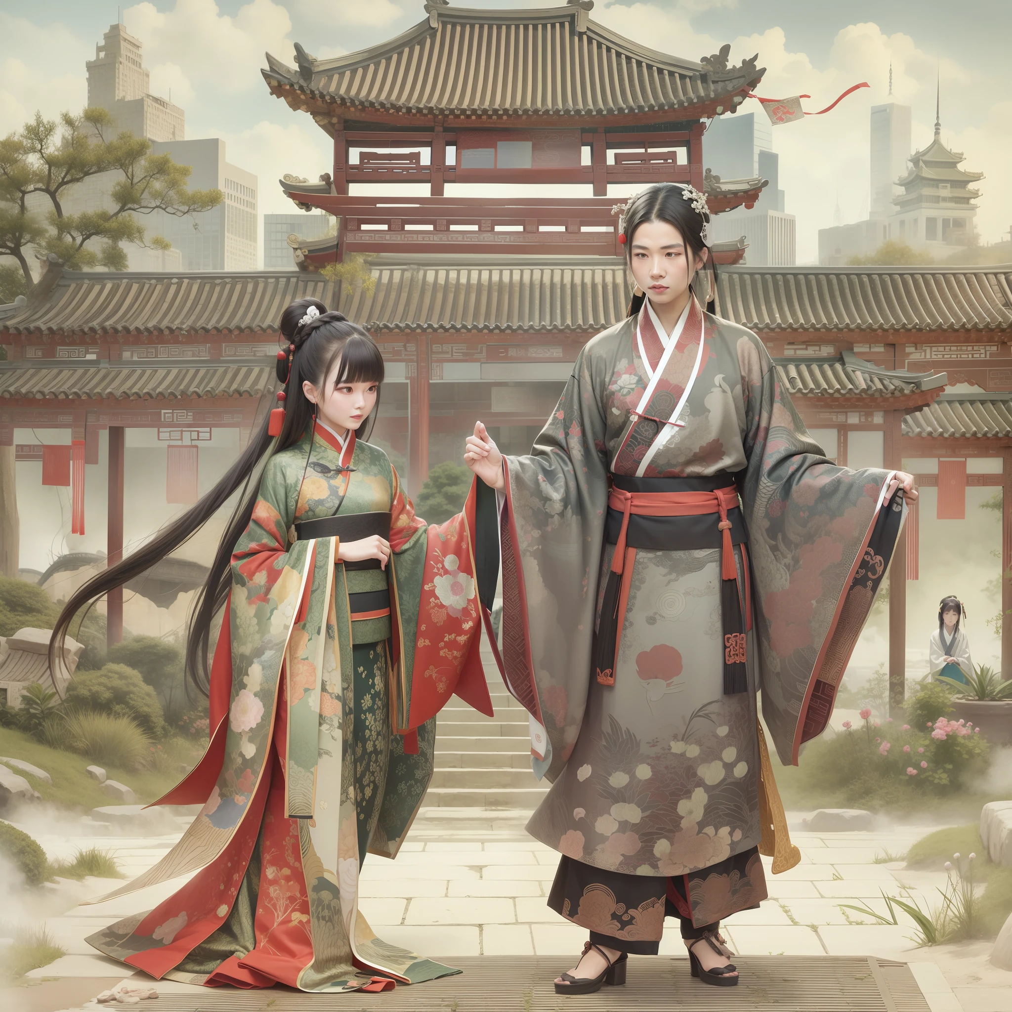Ancient Chinese style building,Ancient Chinese style cityscape,Man and woman dressed in ancient Chinese style,wakame,wakame,wakame,wakame,wakame,wakame,wakame,wakame,