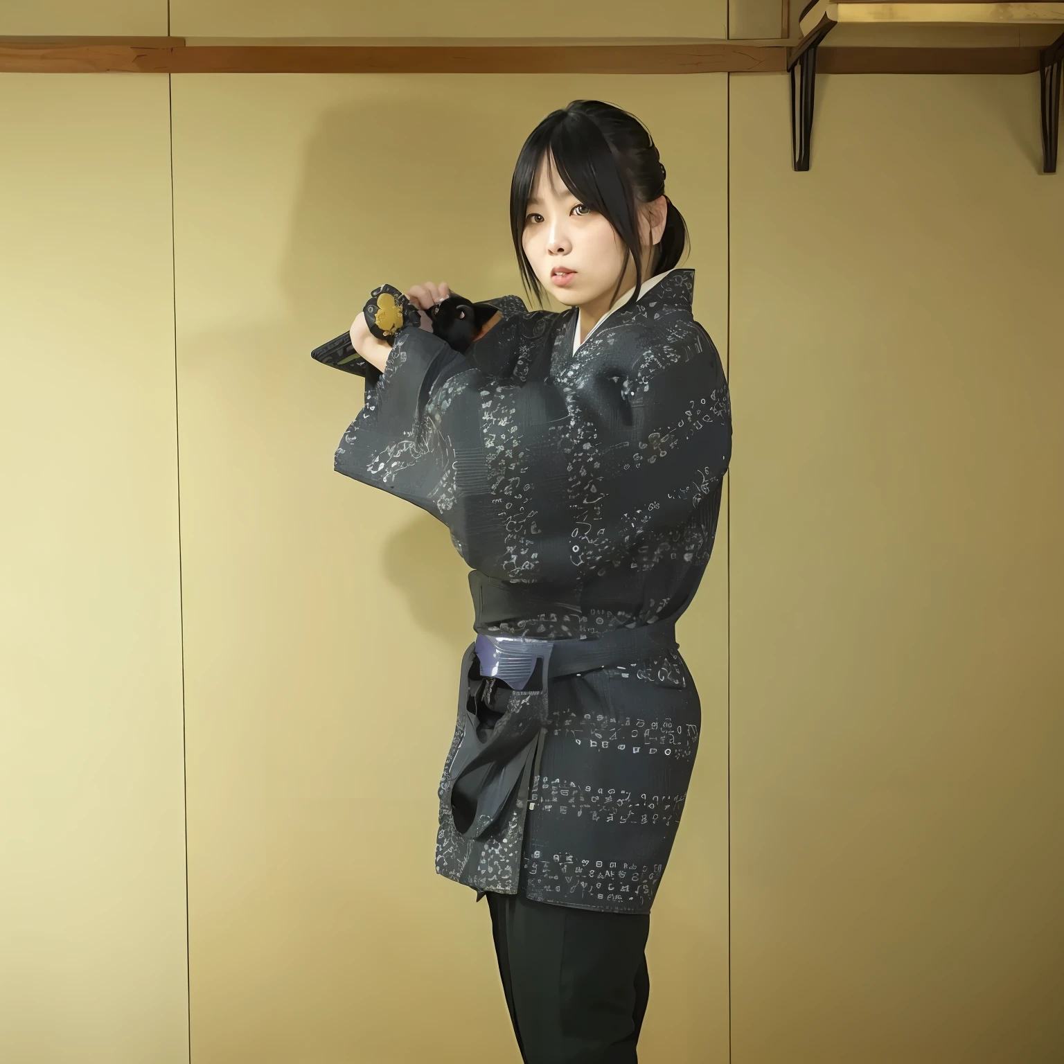 There is a woman with a cat in her arms, swinging reflective katana, wearing a haori, Wearing kimono armor, Kimono, wearing kimono armour, intricate hakama, hakama kimono, Kimono Robe Detail Toggle, holding katana, inspired by Gigadō Ashiyuki, Samurai style, samurai outfit, dramatic wielding katana pose, bathrobe