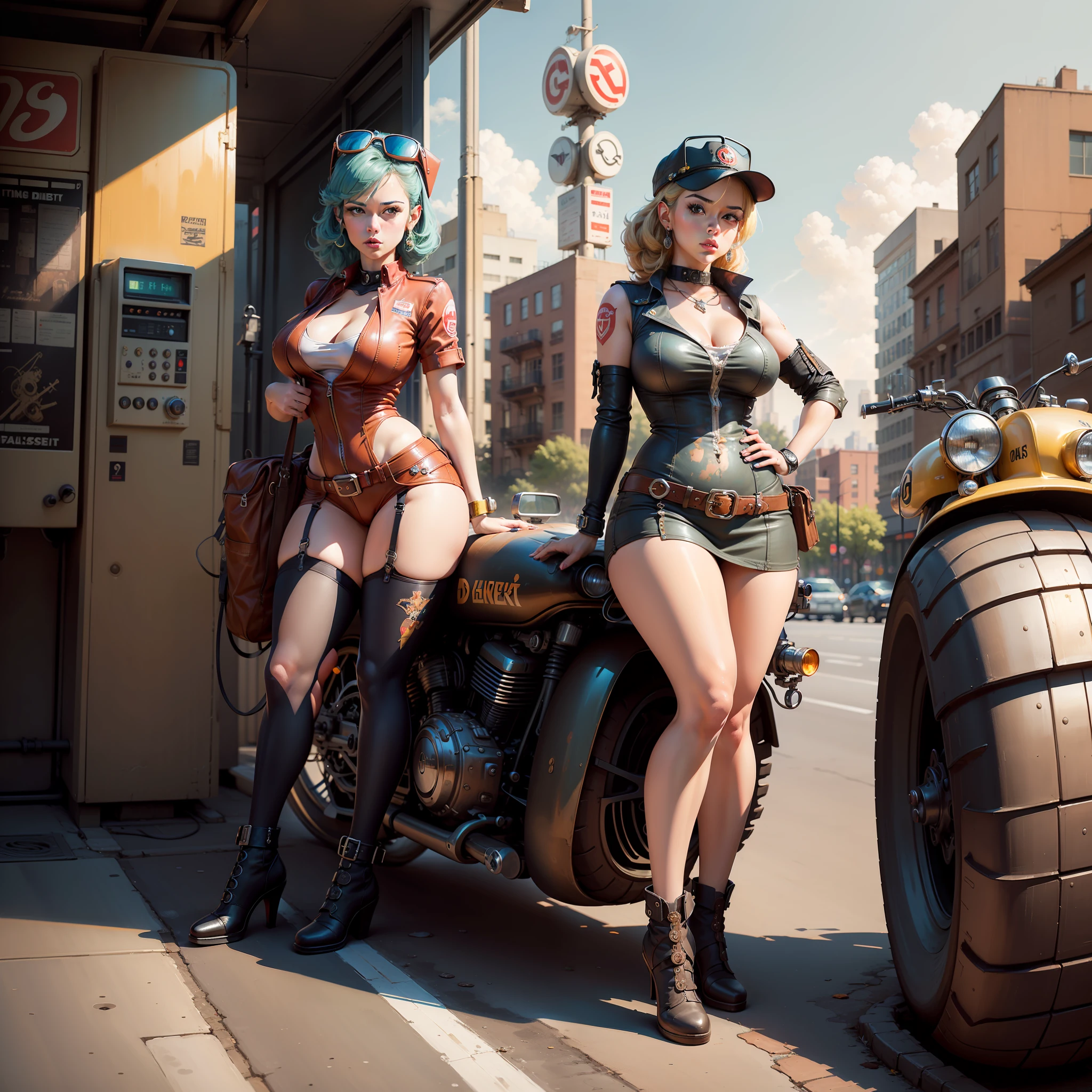 (masterpiece, top quality, best quality, official art, beautiful and aesthetic:1.2), painting of a woman on a motorcycle next to a gas pump, colorful,highest detailed, painting, arafed woman in a red, pinup art, pin - up, pin-up, pin-up poster girl, pin up girl, artgerm girl pinup, pin up, pinup girl, dieselpunk art style, inspired, 8 k hd detailed oil painting, at a city street, photorealism,
