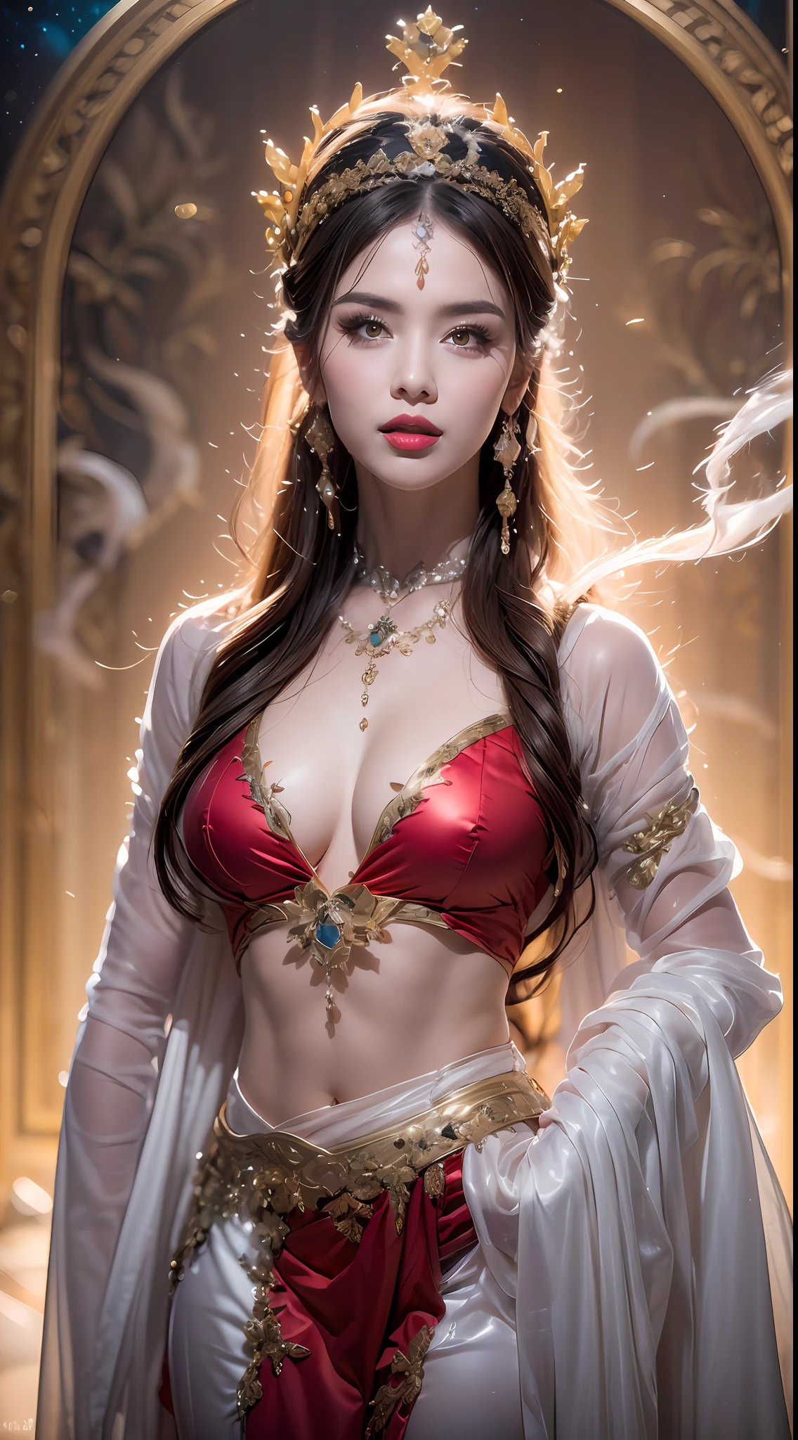 A lustful beautiful saint is fucking, showing off her topless breasts, her beautiful face is flawless, ((Natural smile:1.0)), ((flat bangs:1.2)), (((long hair)) : platinum:0.8 ))) big crown, hair brooch, hanfu skirt, fanciful hanfu style, full body jewelry, forehead tattoo, super flat chest, woman face, face makeup fine delicate, beautiful face, (((including porcelain teeth: 0.8), most beautiful and detailed light red lipstick, huge breasts, super round and balanced, (((Full and thin lips: 0.3) )), ((Yellow eye color: 1,2), Detailed and delicate lighting effects, light and dark, light impression, magical light, detailed light, true color, super sharp, realistic, quality 8k volume, fanciful cosmic background, saintess and fanciful space, the most detailed image, ((Solo:0.3)), ((holy goddess:0.6)), (( look at). straight to the body top of saintess:0.4)), upper body, ((smooth skin:0.5)), ((solo:1.3)), ((( alone girl : 1.3)), saint portrait, short photo, Full body portrait, (((open mouth:0.6))), Digital reality, ((fanky red smoke effect:1.2)),