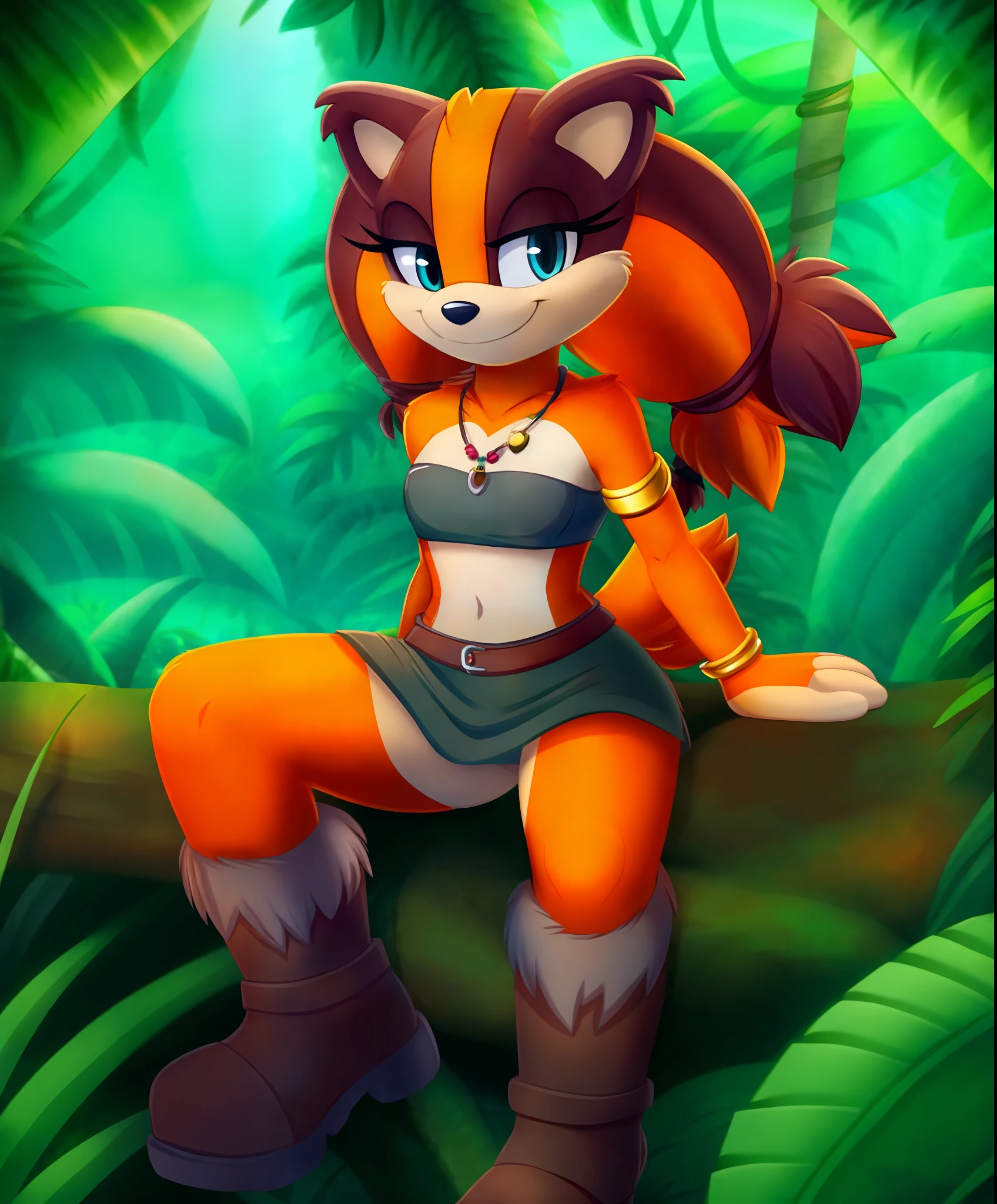 (best quality, masterpiece:1), stick the badger, small nose, solo, furry female anthro, necklace, grey bandeau, grey skirt, gold armlet, bracelet, boots, looking at viewer, smile, tail, twintails, , (outdoors jungle background:1.1),