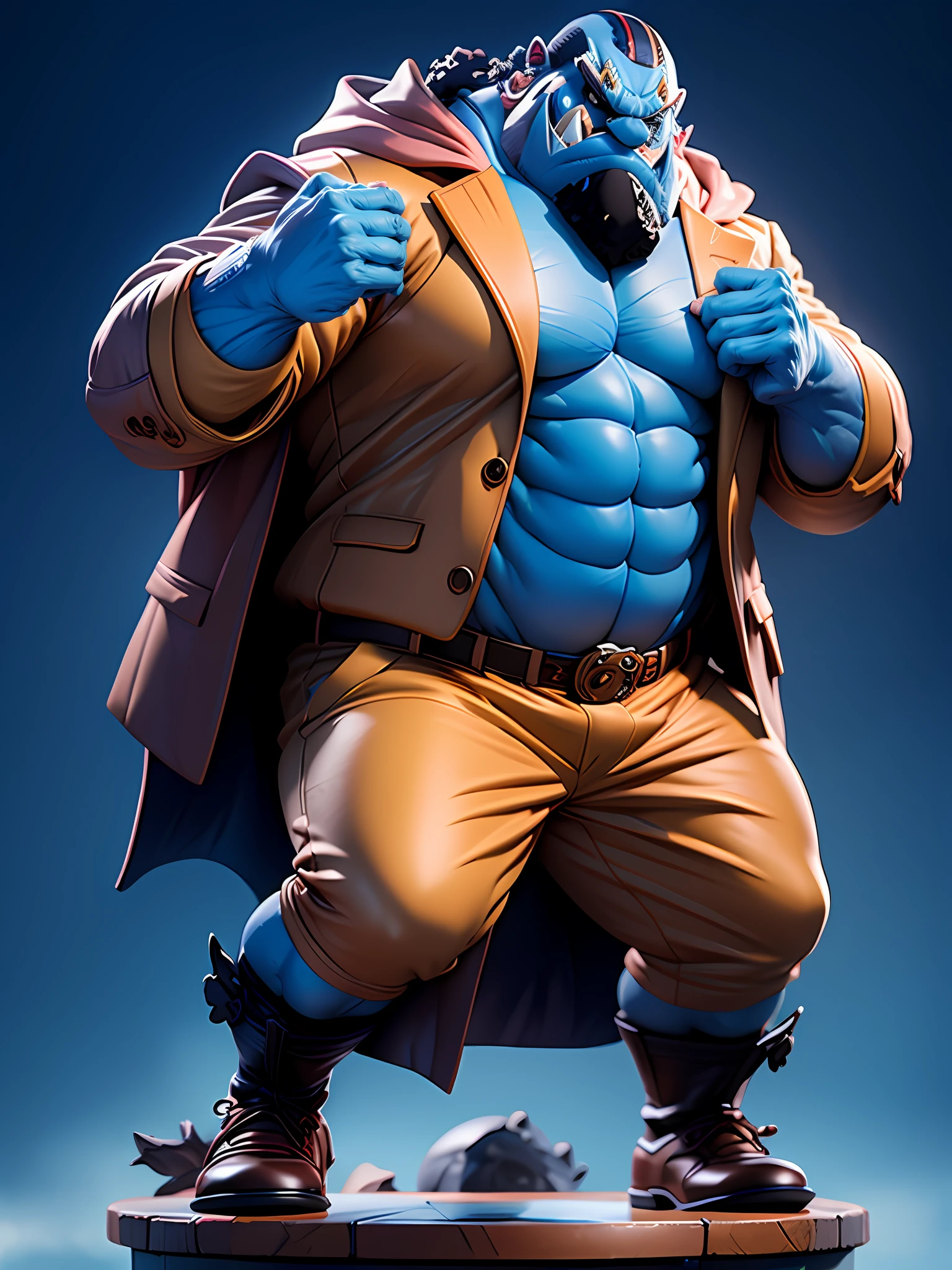 masterpiece, best quality, ultra-detailed, muscular man, middle-age, bearded, chubby, blue skin, tusk, sharp teeth, 1boy, solo, wearing suits, Full body, detailed face, day, full body, male focus, perfect hands, chibi style, figure, action figure