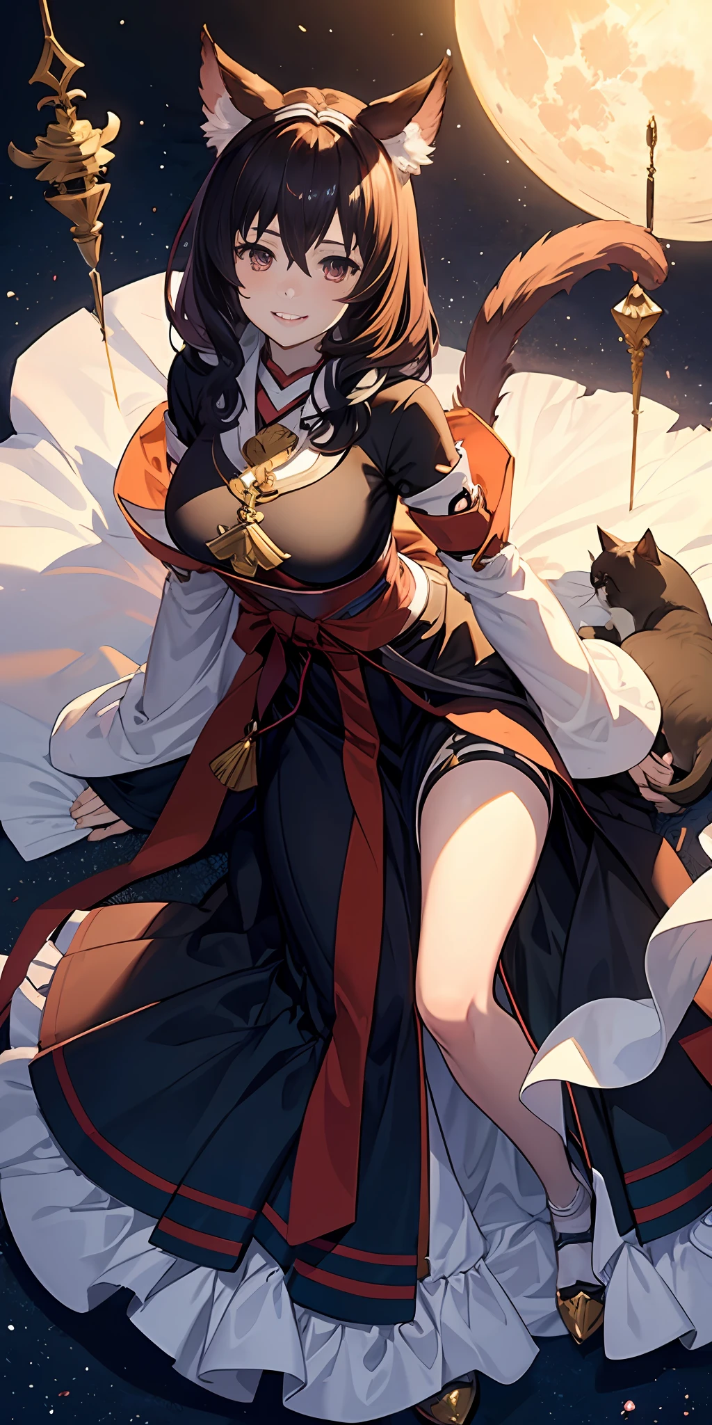 miko, 1 cute girl with cat ear and cat tail, granblue fantasy style, full_body, from_above, leaning_forward, girl,woman,female, young,20 years old, smile, large_breasts, night, moon,Master piece,Ultra quality