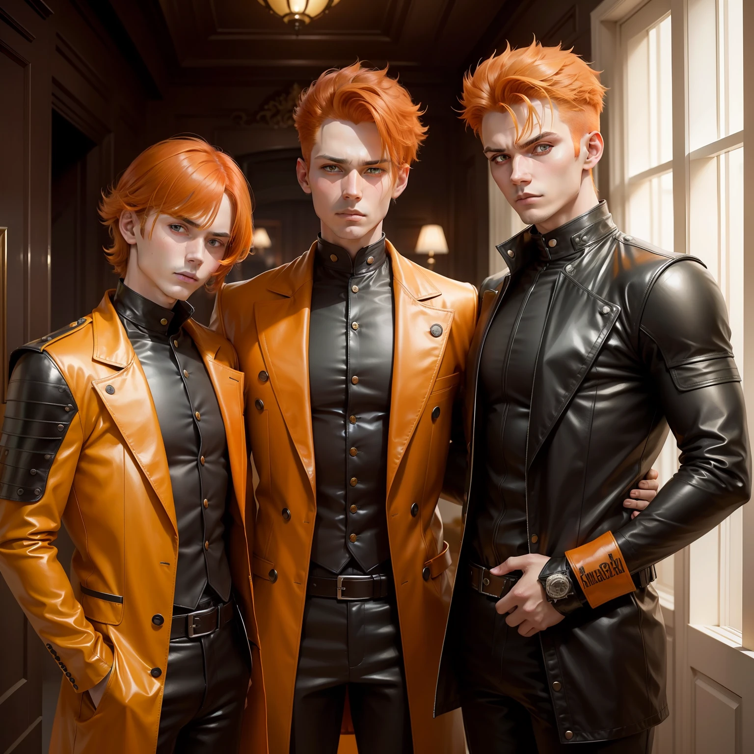 papa, Mom 3 brothers pose serious for photo orange hair elegant yellow leather clothes with black