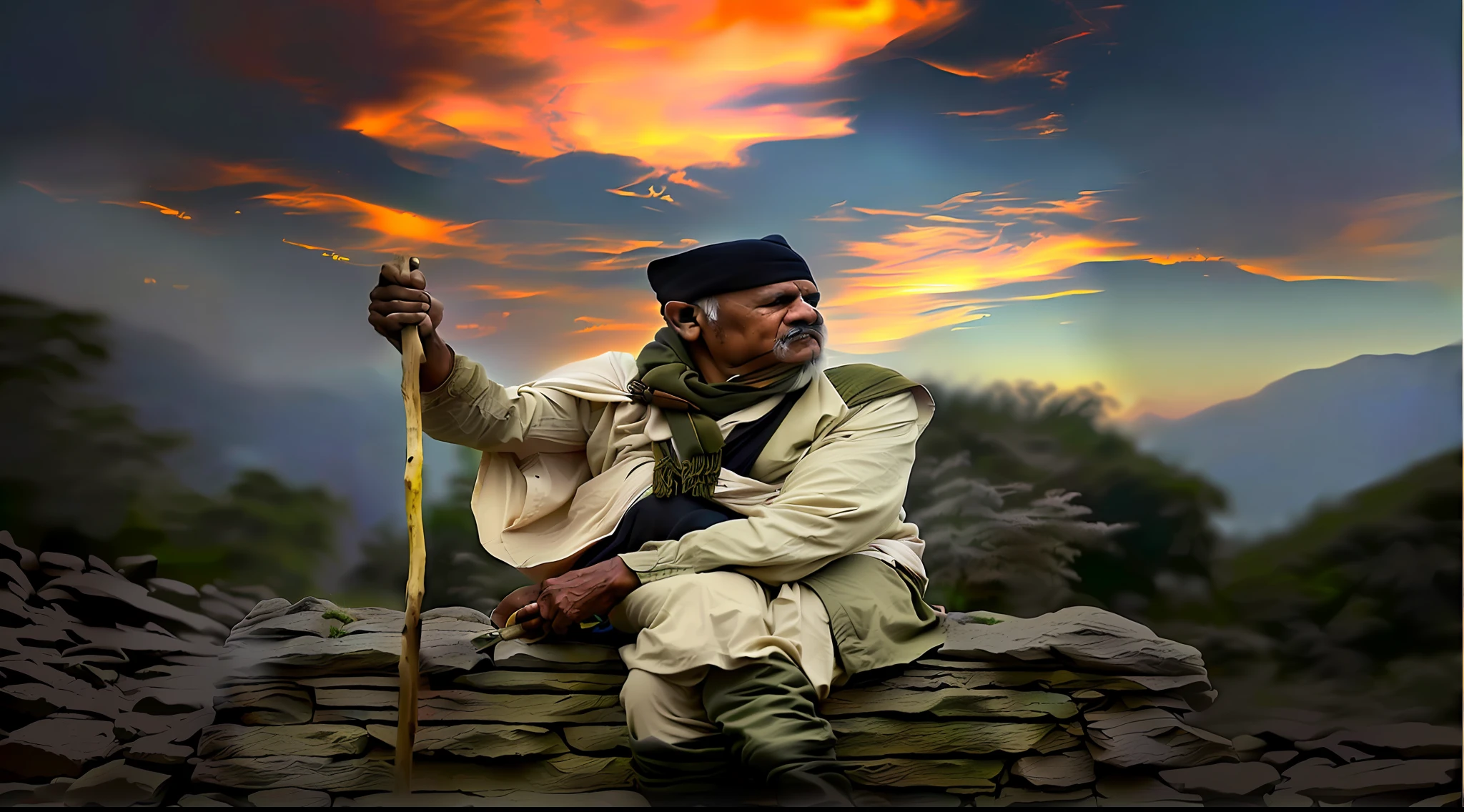 The Arafards sat on the rock wall，Holding a stick in your hand, author：Rajesh Soni, inspired by Kailash Chandra Meher, Edited, traditional photography, nepal, uttarakhand, author：Kailash Chandra Meher, Dramatic portraiture of Namenlos, author：Robert Brackman, portrait of a old, inspiring, portrait shooting, portrait of a old