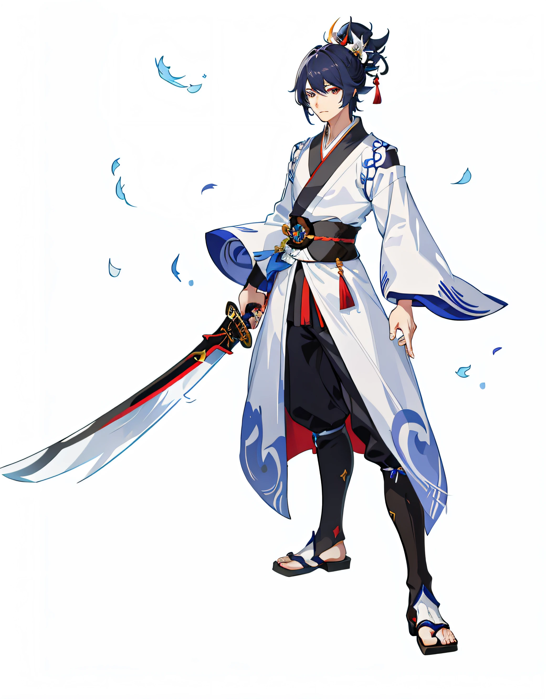 Anime characters with sword and white robe standing in front of white background, Keqing from Genshin Impact, onmyoji, Genshin impact's character, inspirado em Okumura Masanobu, Onmyoji detailed art, with large sword, zhongli from genshin impact, onmyoji portrait, official character art, handsome guy in demon killer art