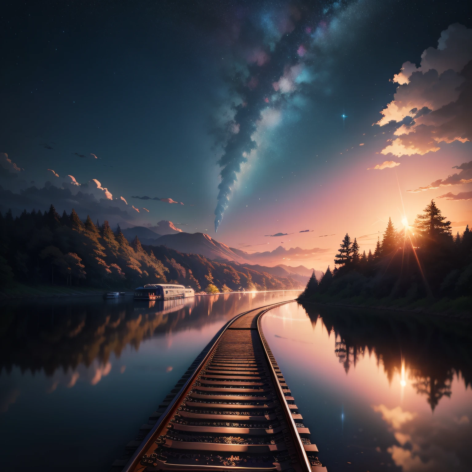 High quality masterpiece, landscape, anime train passing through bodies of water on tracks, bright starry sky. Romantic train, pixiv, concept art, lofi art style, reflection. by Makoto Shinkai, lofi art, Beautiful anime scene, Anime landscape, detailed scenery —width 672, in style of Makoto shinkai, style of Makoto shinkai, enhanced details.