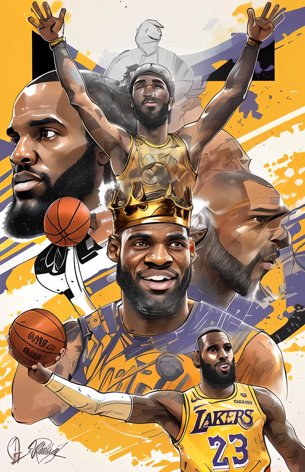 "Illustration depicting a basketball player wearing a crown on his head，Portrait of LeBron James，Highly detailed fanart，NBA Finals winning illustration，LeBron James art cover illustration，official print，Lakers fan art，Official artwork depicted in detail，hyper detailed illustration，Complete art style，Postered works with an artistic sense。"