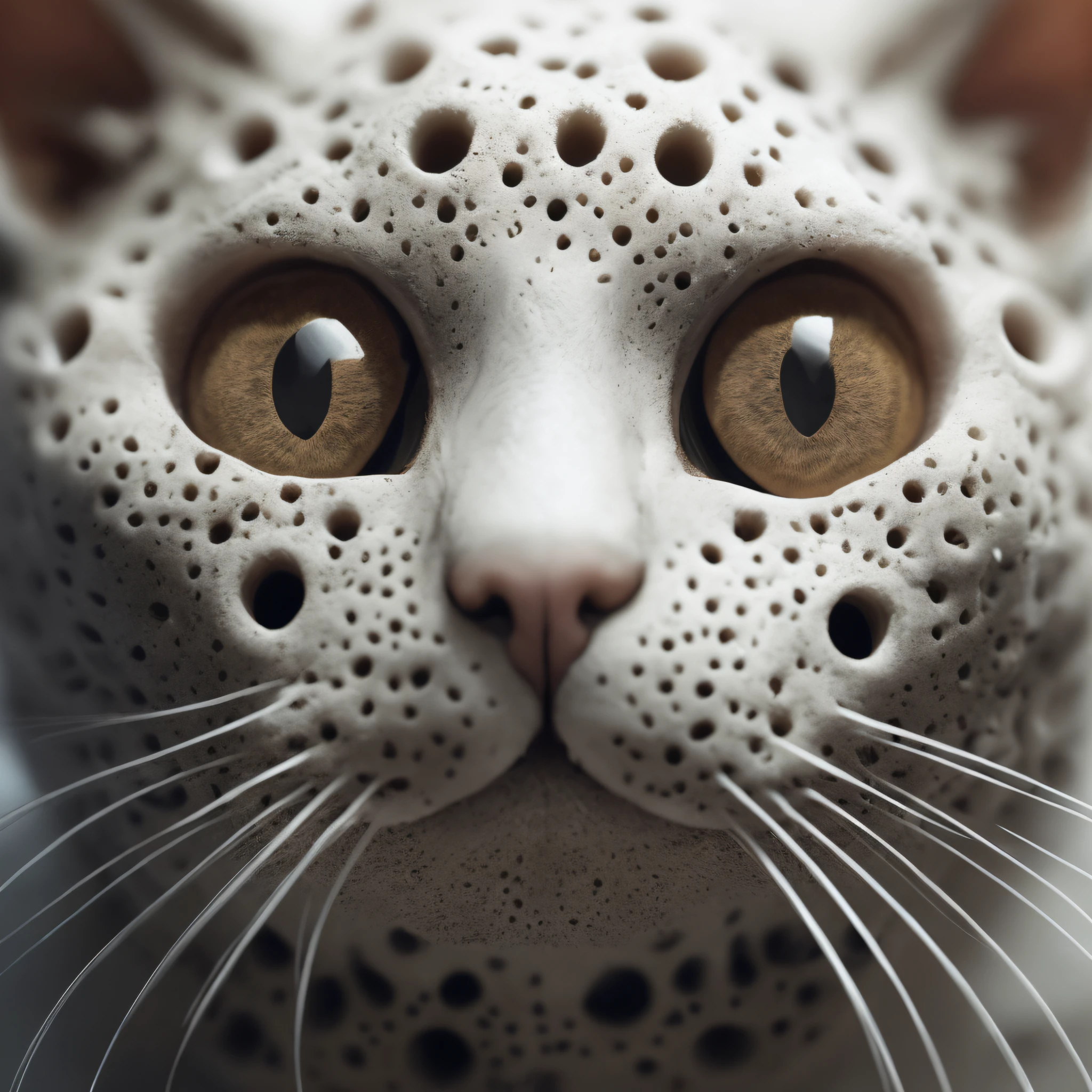 a close-up of a cat's face with tripophobia, deep holes, grotesque, disgusting, holes in his eyes