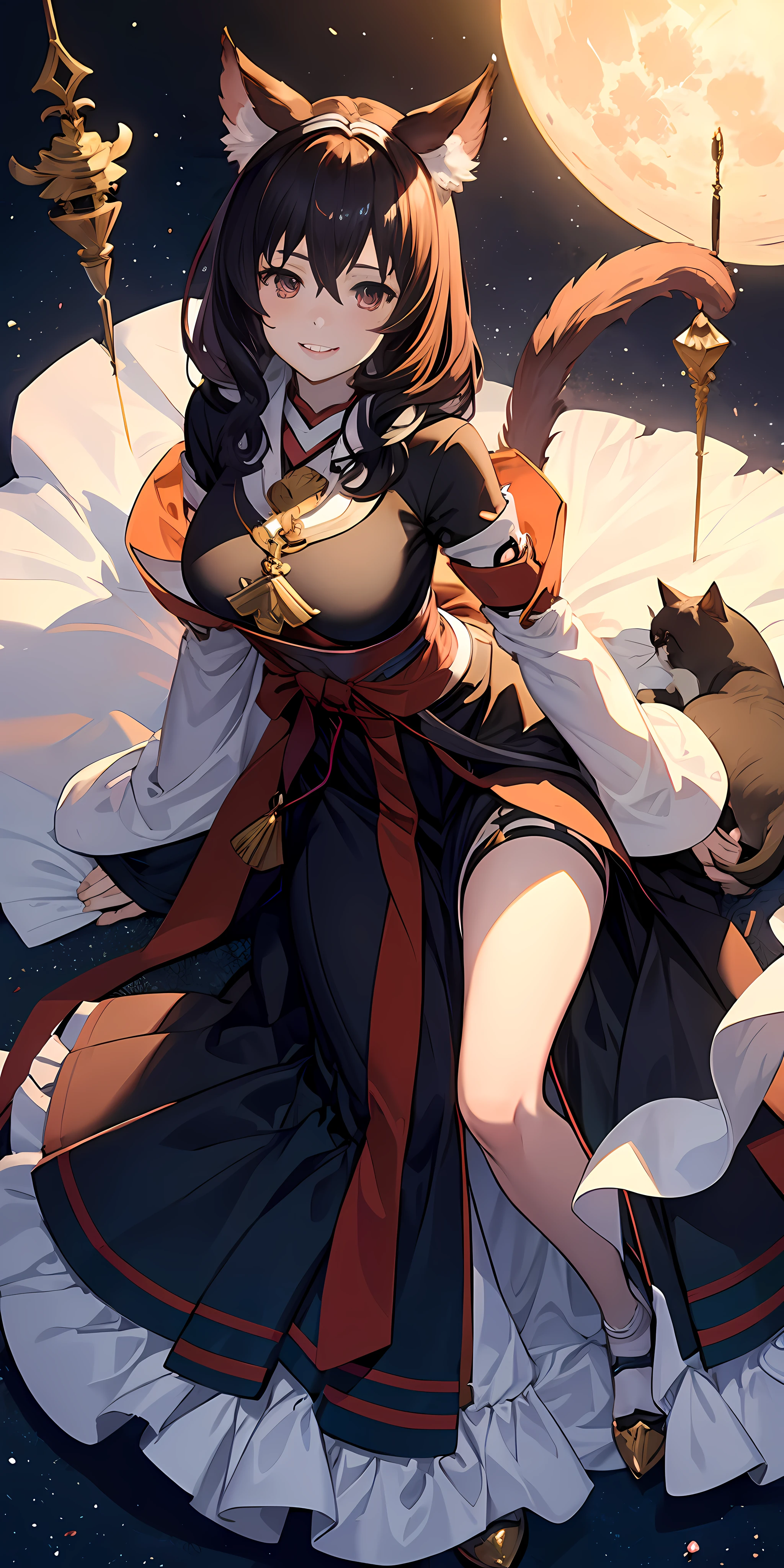 miko, 1 cute girl with cat ear and cat tail, granblue fantasy style, full_body, from_above, leaning_forward, girl,woman,female, young,20 years old, smile, large_breasts, night, moon,Master piece,Ultra quality