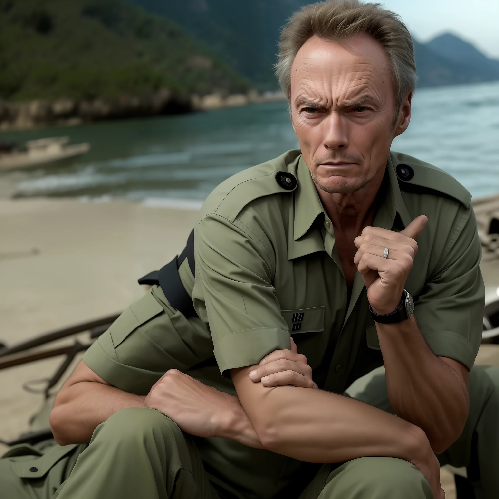 Clint Eastwood, guerra do Vietna, barco em meio a rio, camisa militar, contemplative expression.