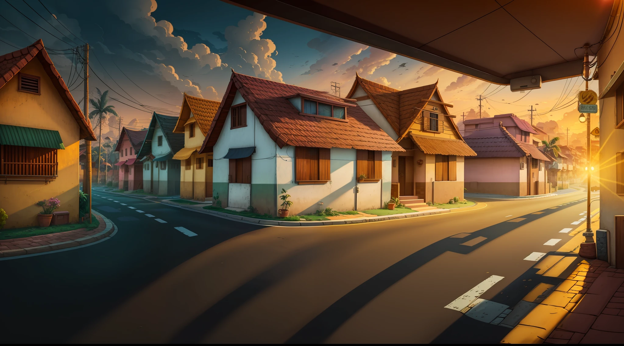 Give me a road cartoon background there are many house morning lighting , morning time , colony