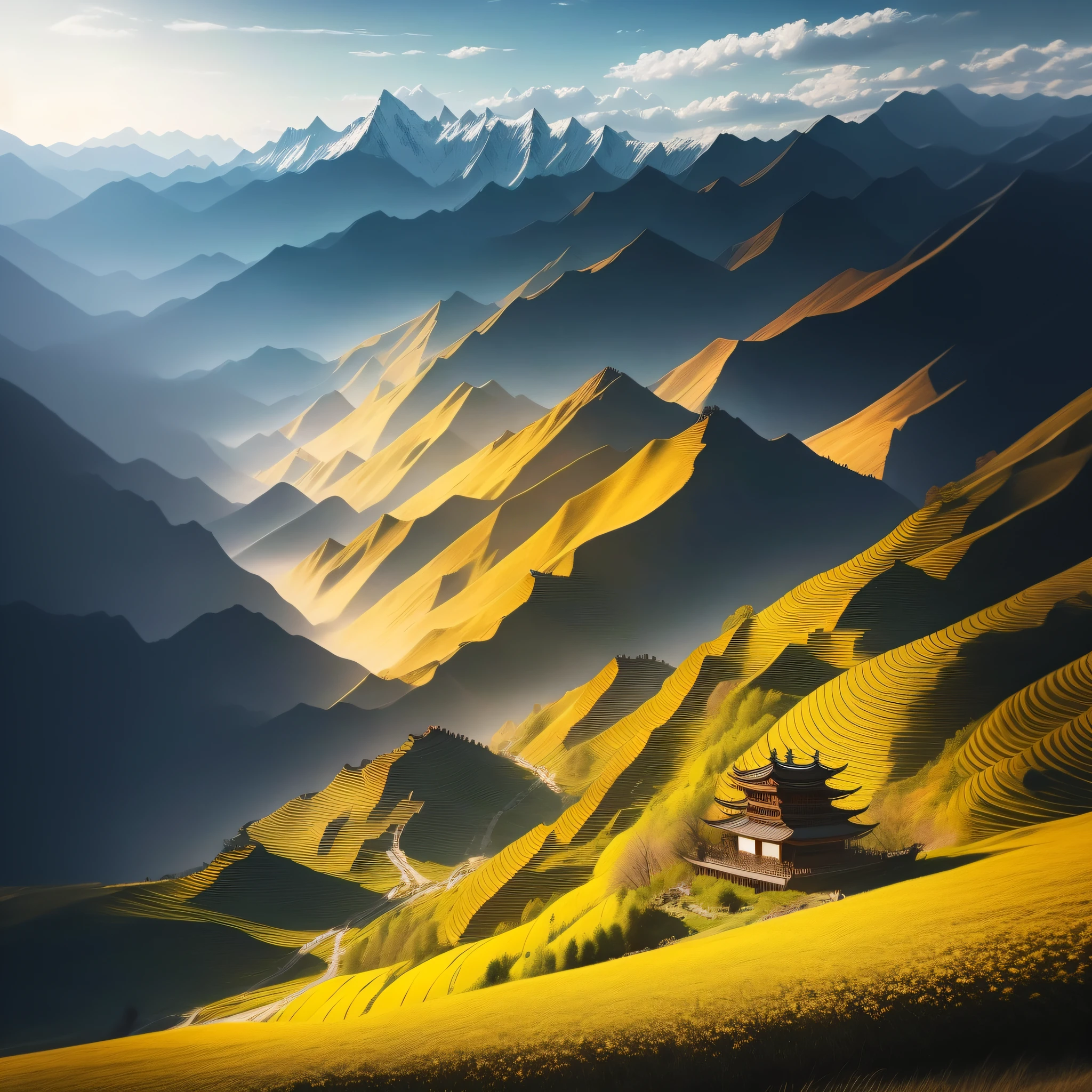 Towering mountains in the distance,In the sun,Draped in a golden coat,It looks extraordinarily beautiful。