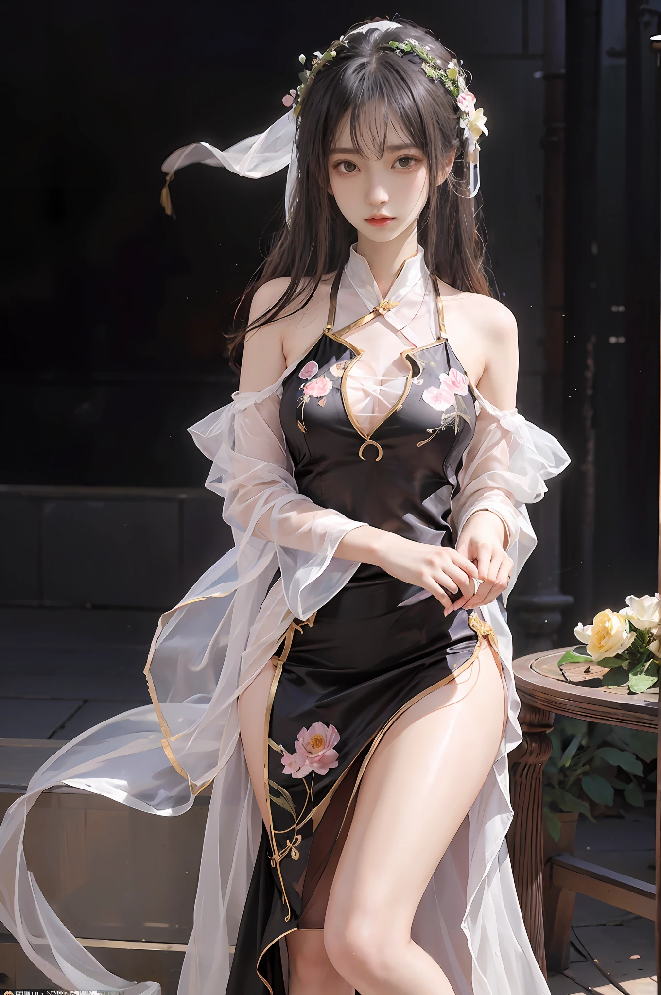 Zhong Fenghua， 1girll， （full bodyesbian） 独奏， Hanfu， flower  field， blossom flower， （Black smoke：1.4） （realisticlying：1.5）， datura， entangled， offcial art， Unity 8k壁纸， ultra - detailed， Beautiful and beautiful， tmasterpiece，best qualtiy， （dynamic angle：1.4）， （Realistic：1.5），（Real human photos；1.5），（Bigboobs：1.2），（Liuhai hairstyle：1.5）（Shoulders exposed：1.2），Glowing skin， （Floating colorful flashes：1.2），The most beautiful classical form，（ellegance：1.2），Fauvistdesign，vivd colour，Romanticism Depth of Field，