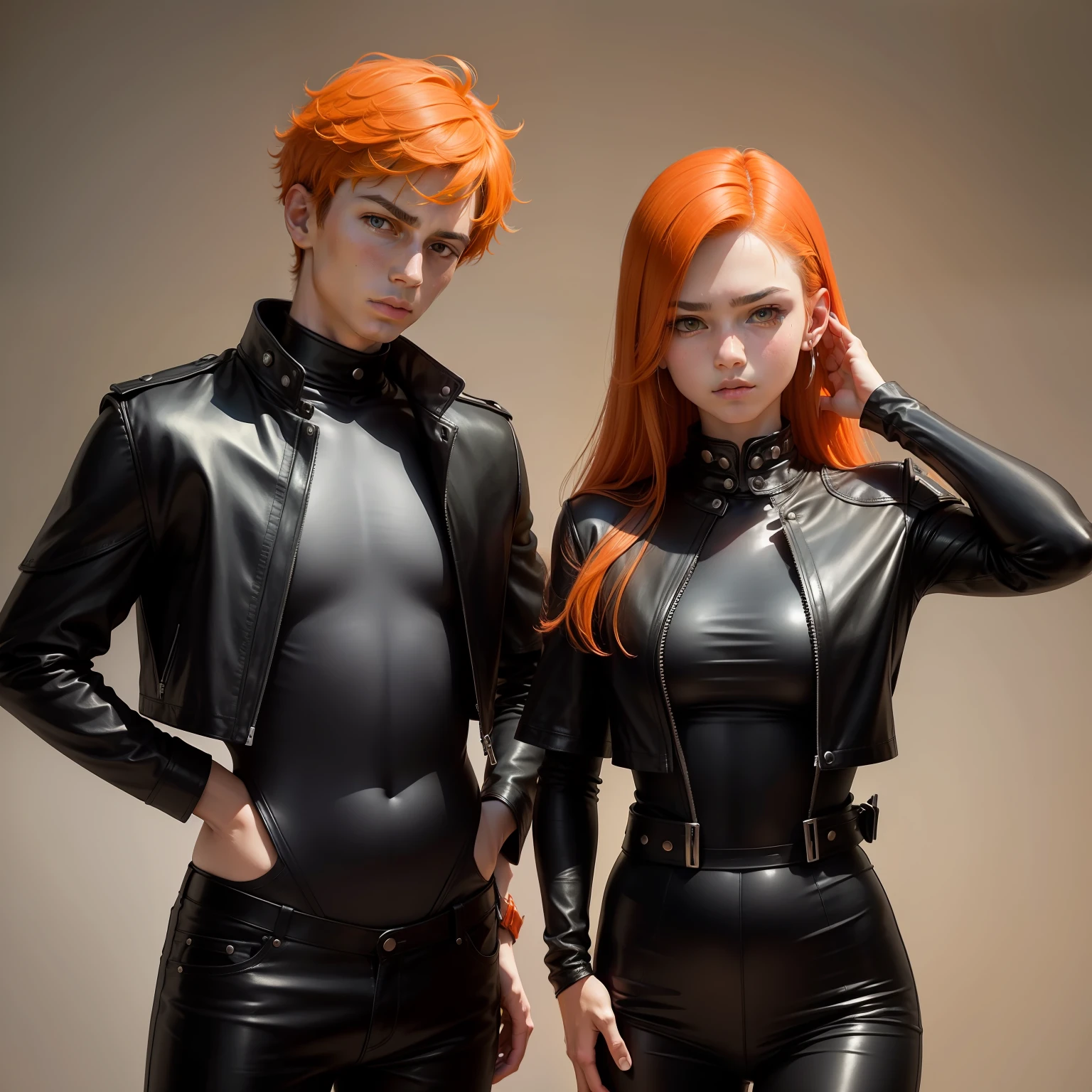 papa, Mom 14-year-old brothers pose serious for photo orange hair smart black leather clothes