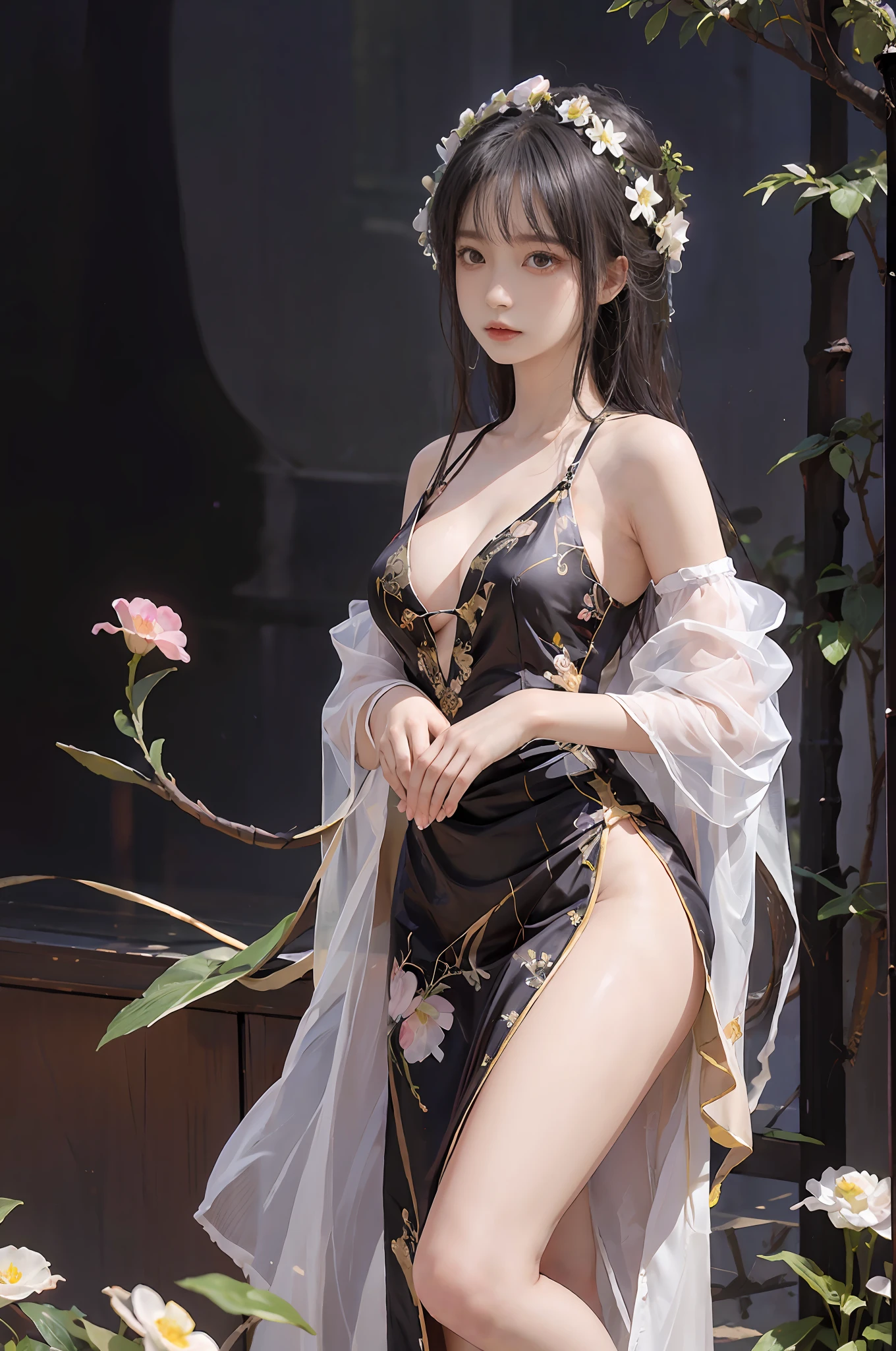 Zhong Fenghua, 1girll, (full bodyesbian) 独奏, Hanfu, flower field, blossom flower, (Black smoke:1.4) (realisticlying:1.5), datura, entangled, offcial art, Unity 8k壁纸, ultra - detailed, Beautiful and beautiful, tmasterpiece,best qualtiy, (dynamic angle:1.4), (Realistic:1.5),(Real human photos;1.5),(Bigboobs:1.2),(Liuhai hairstyle:1.5)(Shoulders exposed:1.2),Glowing skin, (Floating colorful flashes:1.2),The most beautiful classical form,(ellegance:1.2),Fauvistdesign,vivd colour,Romanticism Depth of Field,