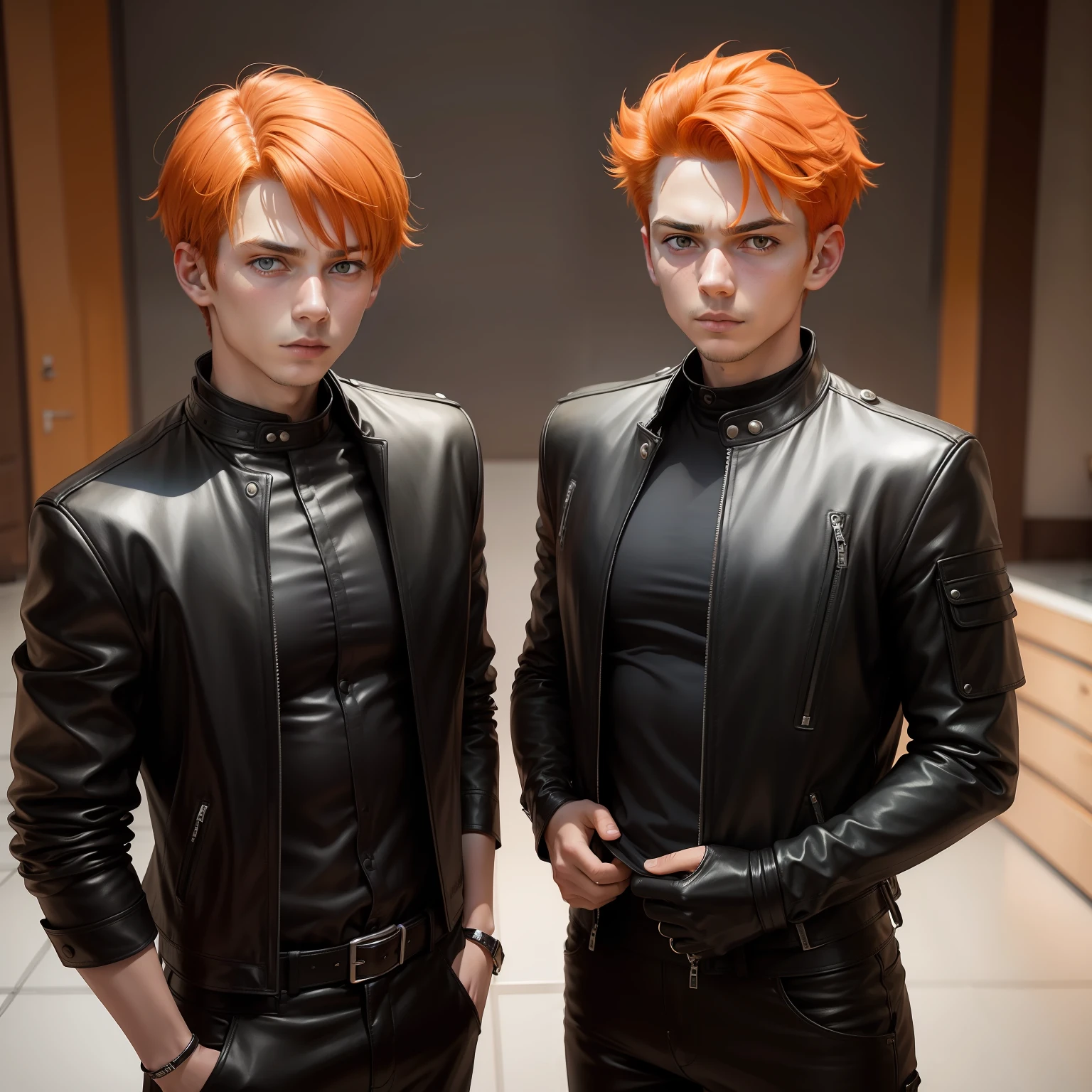 papa, Mom -yeld brers pose serious for photo orange hair smart black leather clothes