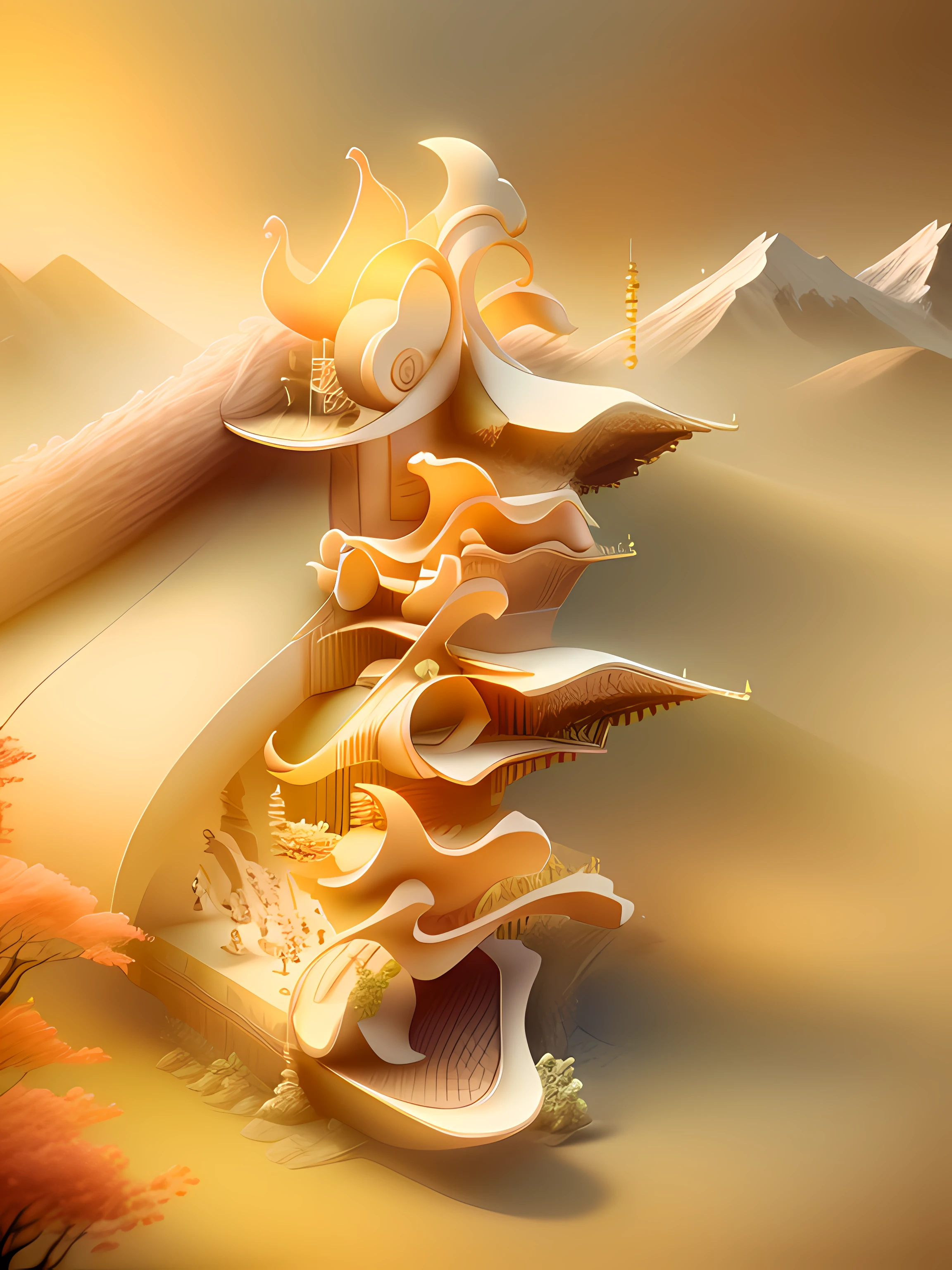 samurais,Mountains,Pavilions,a warm color palette,