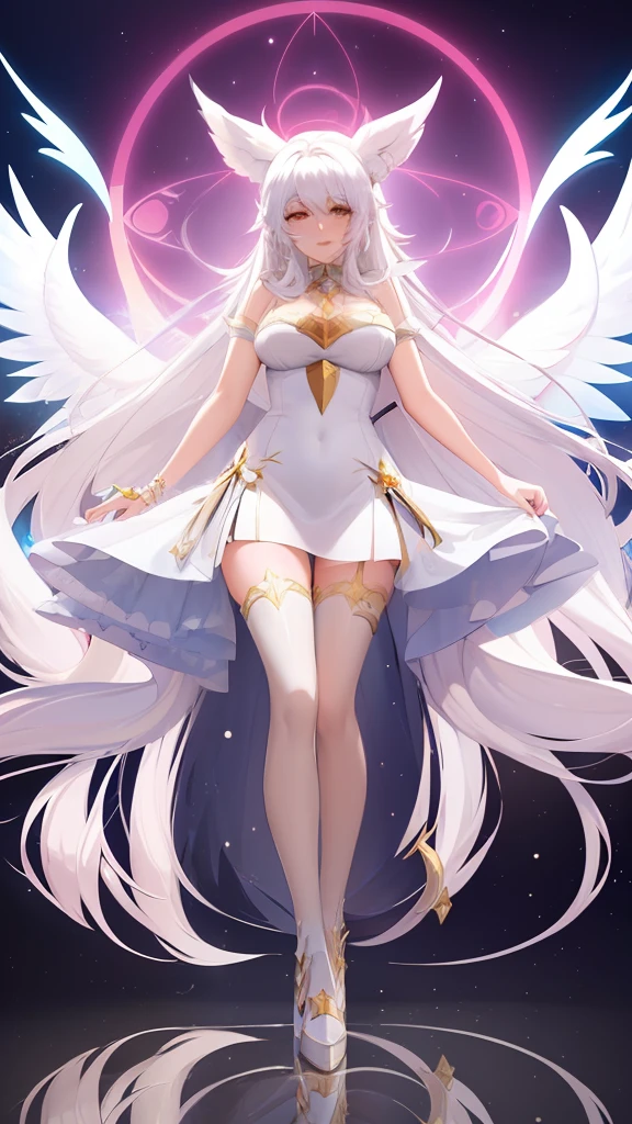 a close up of a woman in a white dress with long hair, seraphine ahri kda, anime goddess, irelia from league of legends, ahri, irelia, ahri from league of legends, white glowing aura, white haired deity, star guardian inspired, masterpiece goddess of sorrow, full - body majestic angel, anime barbie in white