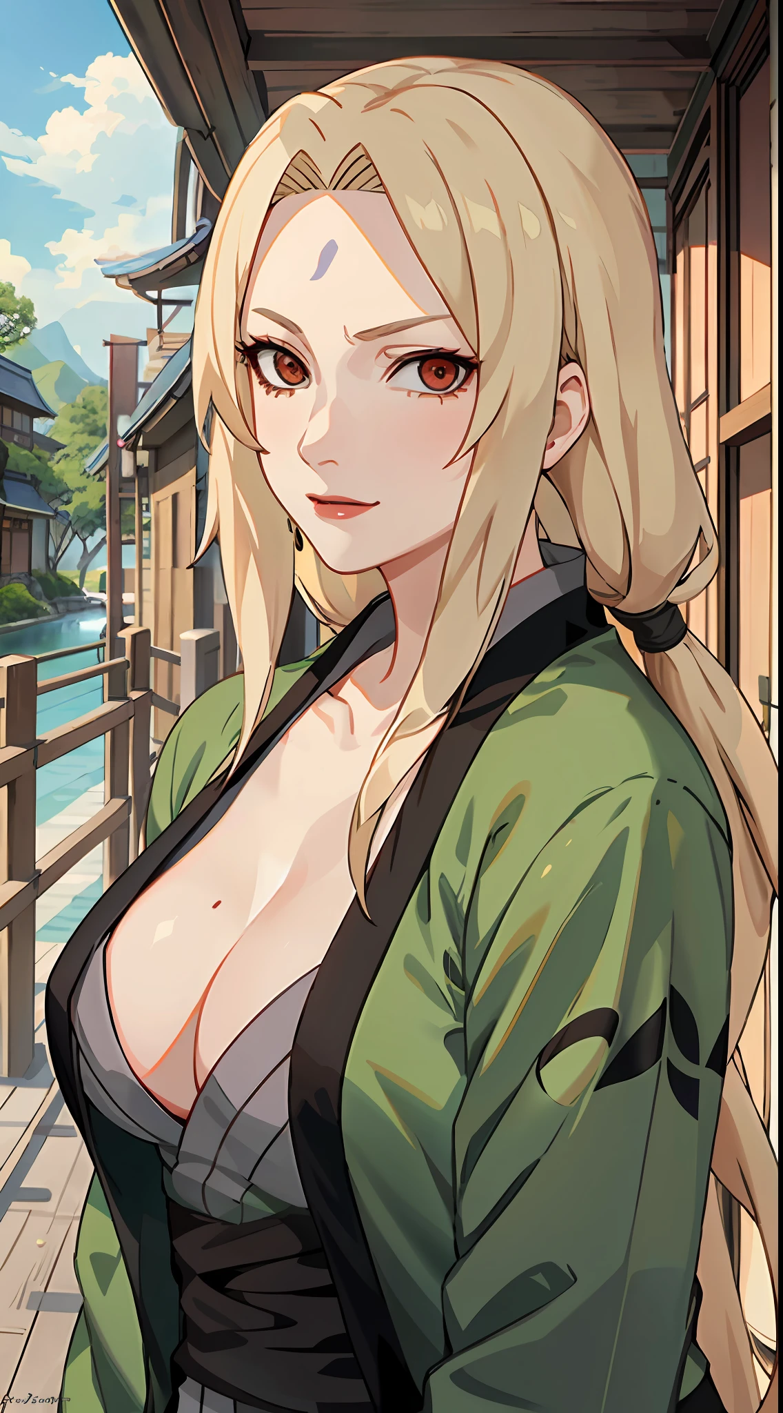 Tsunade，is shy，one-girl，blond hairbl，long whitr hair，with brown eye，Red lips，lipsticks，pub，ssmile，Be red in the face，Green coat，Close-up，drink，Piva，sitted，Portrait photo，Upper body photo，Naruto，HighestQuali，Art student，4k