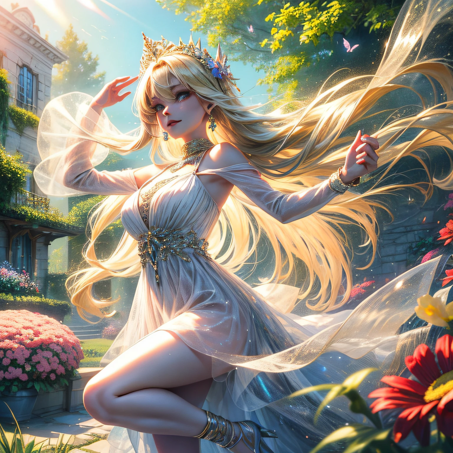 In this whimsical scene, a captivating young woman sits amid a picturesque garden, surrounded by vibrant flowers and butterflies. With her long, flowing blonde hair gently brushing against her shoulders and mesmerizing red eyes glittering like precious gems, she exudes an aura of enchantment. Clad in a delightful watercolor dress adorned with delicate patterns, her radiant smile fills the air with joy and positivity. The soft sunlight casts a painterly glow, enhancing the magical ambiance of this serene moment, beautifully sketched and evoking a sense of wonder.