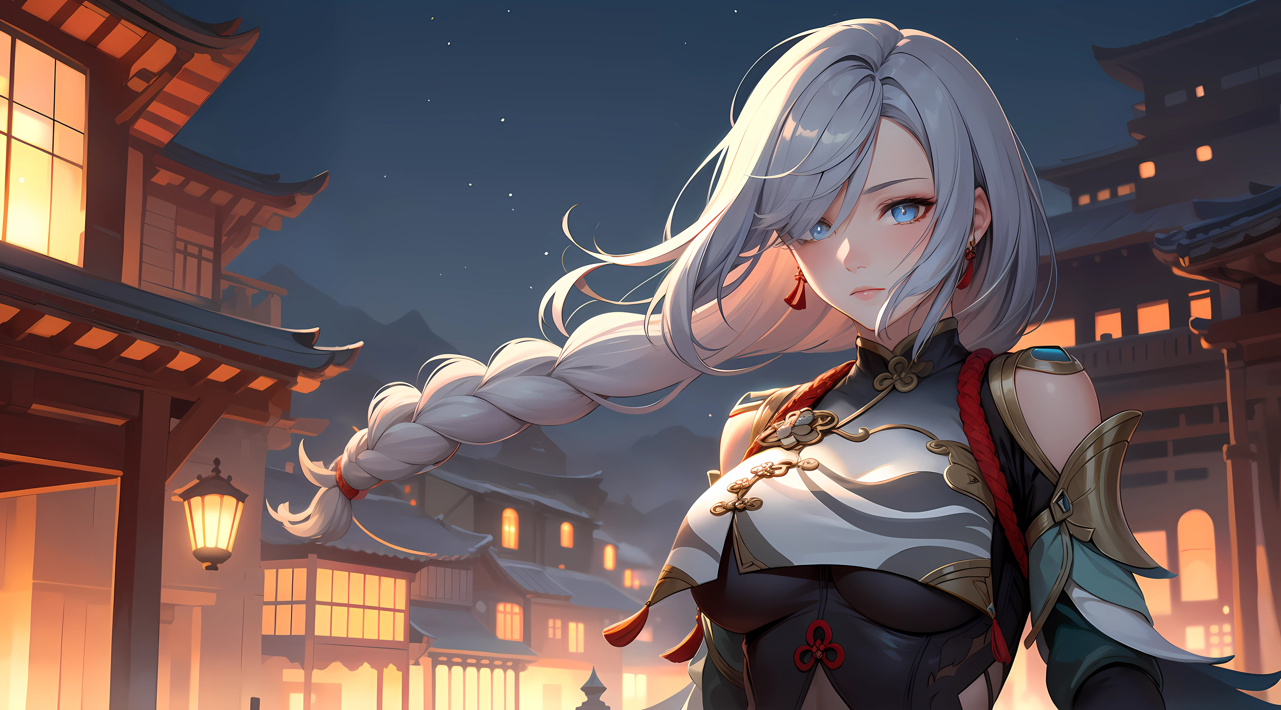 shenhedef, upper body, serious expression, blush, outdoors, night, liyue house background, dark moon sky, short hair, sky, beautiful nature surrounding near canyon, looking at viewer, mountain, moody lighting, (perfect detail eyes:1.2), glowing eyes, (long hair braid:1.2),
(Masterpiece, Best Quality, High Quality:1.4), professional artwork, Intricate Details, field of view, sharp focus, detailed painting, photorealistic lighting, trending on pixiv, (vivid lighting, vibrant colors:1.05), realistic shadows, ambient occlusion,