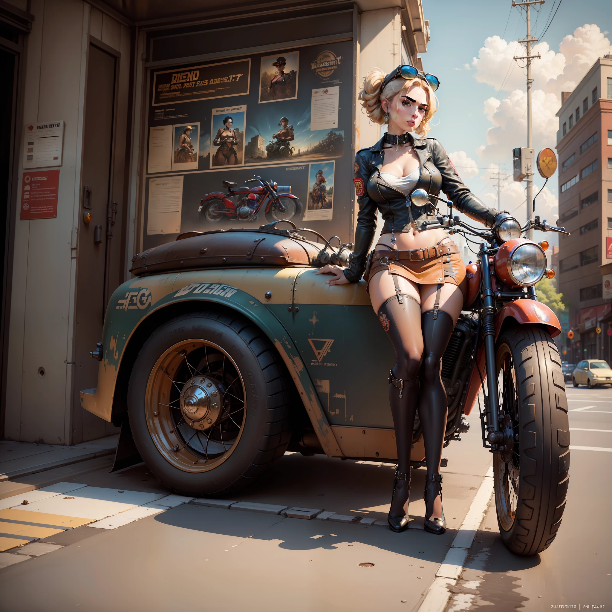 (masterpiece, top quality, best quality, official art, beautiful and aesthetic:1.2), painting of a woman on a motorcycle next to a gas pump, colorful,highest detailed, painting, arafed woman in a red, pinup art, pin - up, pin-up, pin-up poster girl, pin up girl, artgerm girl pinup, pin up, pinup girl, dieselpunk art style, inspired, 8 k hd detailed oil painting, at a city street, photorealism,