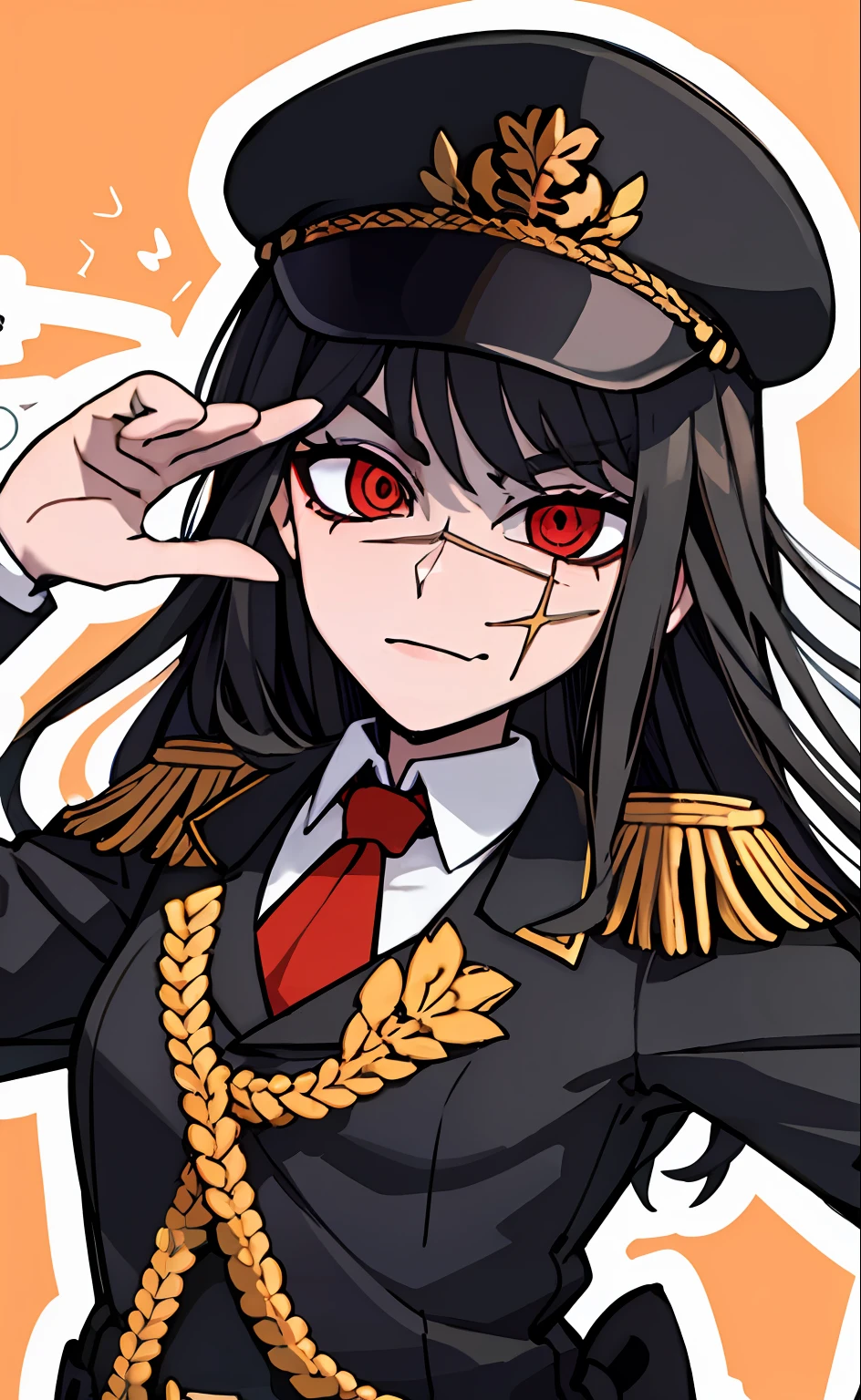 (masterpiece, best quality: 1.2), Solo, 1girl, Yoru \(Chainsaw Man\), looking at the viewer, different poses, red eye, long hair, completely black hair, reference to clothing of a German WWII general, black long sleeves (best quality), scar on face, beautiful eyes, has only 2 arms, has war medals on his clothes,  Black Military Cap, Golden Eagle Medal on Clothing, (Wallpaper), (8K HD), (8K HD), Golden Shoulder Pads, Sprites, 1 Single Design (obra maestra, mejor calidad: 1.2), Solo, 1girl, Yoru \(Chainsaw Man\), mirando al espectador, sonrisa, MALVADA, diferentes poses, ojo rojos, cabello largo, cabello completamente negro, reference to clothing of a German general from World War II, mangas largas negras (mejor calidad), cicatriz en la cara, hermosos ojos, tiene solo 2 brazos, tiene medallas de guerra en su ropa, Gorra militar negra, Golden Eagle Medal in Dress, (fondo de pantalla), (8K HD), (8K HD), hombreras doradas, sprites, 1 single design