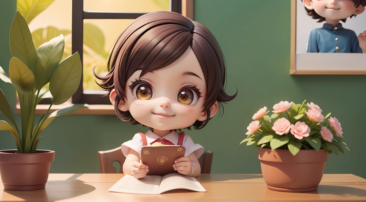 Cute cartoon boy sitting at the table,There was a book and a small flower pot on the table,{Toothy smile},Beautiful outfit,short detailed hair,Frontal light source,Heads-up lens,Clear teeth,Clear fingers