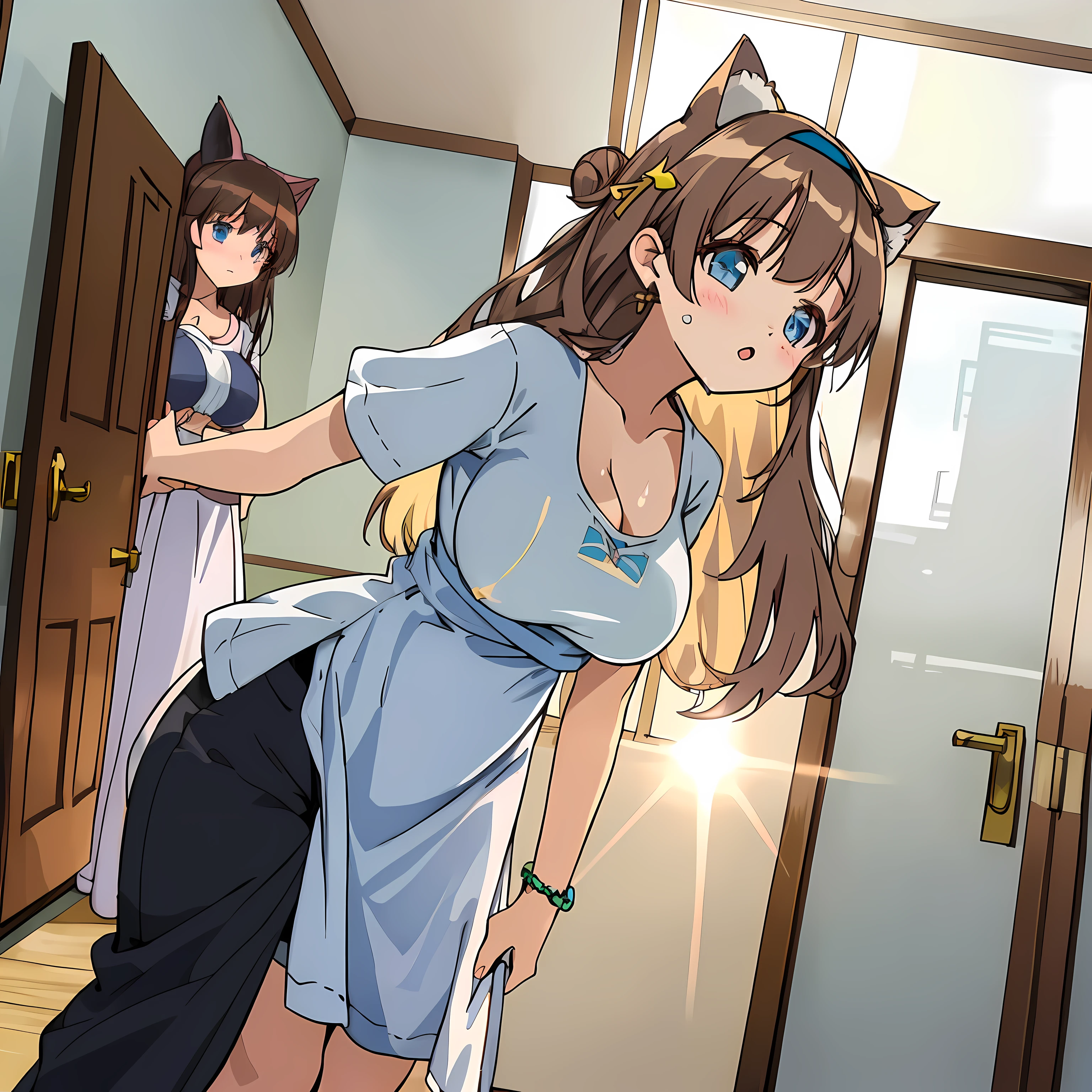 (Highly detailed CG Unity 8k wallpaper), (Best Quality), (Super Detail), (Best Illustration), (Best Shadow), POV, Realistic lighting and shading, Natural light, Lens flare effect, BREAK, 1 beautiful girl, Solo,(Cute:1.5),(Chibi:0.8), (kawaii:1.5),(Lori:0.5), BREAK, ( ( girl), Very detailed, colourfull, highest details, BREAK, (Huge breasts: 1. 2,), Clear skin, Beautiful skin, Shy skin, 1 beautiful girl, Brown hair wet with sweat, (Cat ears, Bun head, medium-Long hair: 1. 2), (Light blue eyes, long eyelashes, Double eyelids: 1. 2), Solo, gleaming skin, BREAK,(Black shorts,Pichi Pichi:1.2), (shortsleeves, White T-shirt,Taking off your t-shirt,Wet,Lower breasts that were about to be seen,no-bra:1.2), (star-shaped earring:1.1), (Lace headband:1.0), (Cute Accessories:1.3), (I'm surprised to see a change of clothes:1.1), (is standing,Slouched:1.3), Taking off your t-shirt, (Angle from below,Emphasizes cleavage:1.1), BREAK, (Caregiver:1.2),(Facilities for the elderly,dress room,Door open,Day Service,in a house:1.5),(Multiple young women changing clothes)