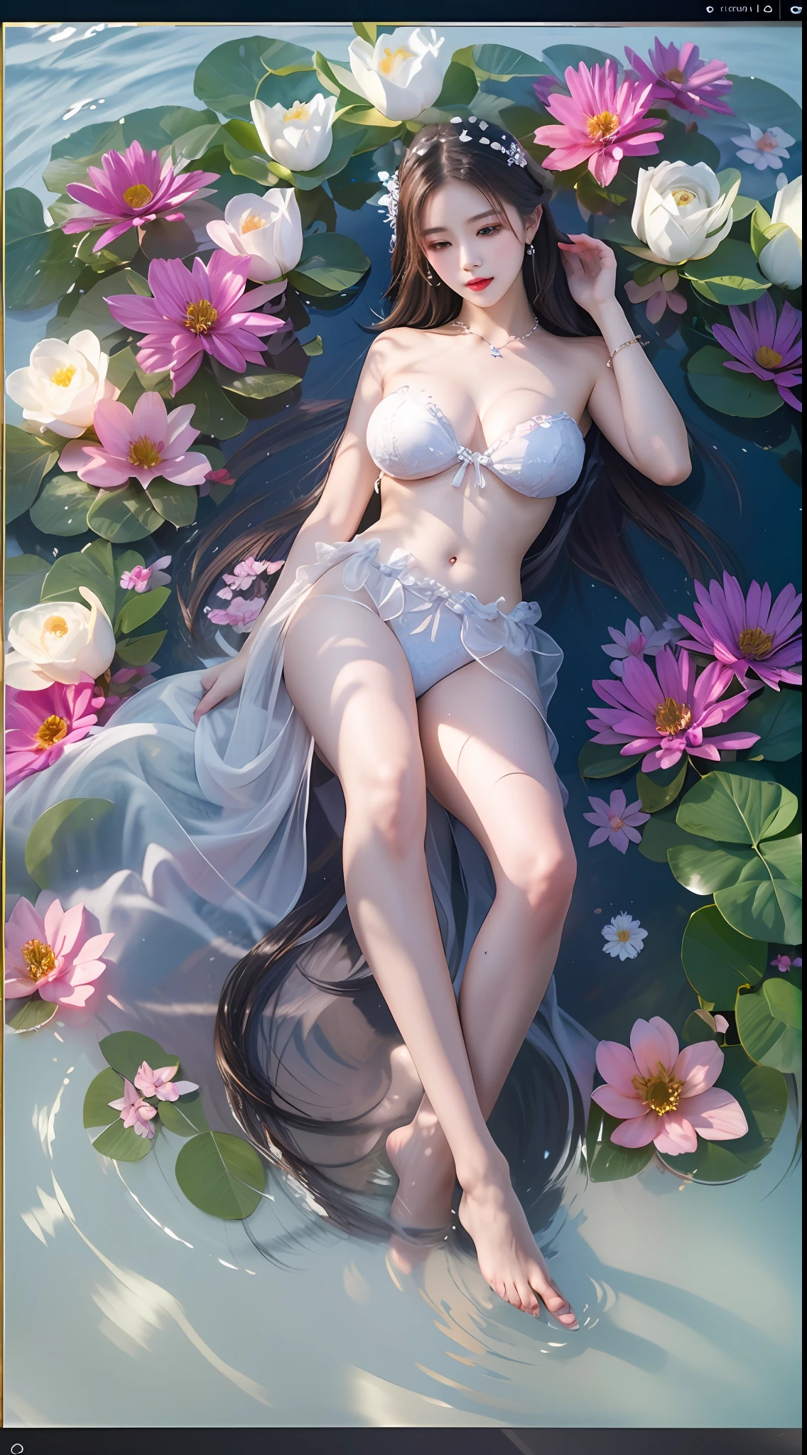 Sleeping girl,realisticlying,Gradient hair。Bare buttocks,Bandeau,the night,Long legs,Background on the water,(((Masterpiece))),(((Best quality))),((Ultra-detailed))((Extremely detailed CG)),((16k_the wallpaper))((An extremely delicate and beautiful)),{Photorealistic},full bodyesbian, Detailed light,full bloom,,,A masterpiece from the Canon EOS R6 shooting,((tmasterpiece)) ,电影灯光,独奏,Unreal Engine 5,Mature female,the creamy smooth skin
