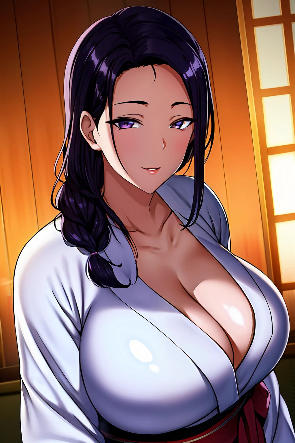 (Night:1.7), Japan, Tokyo, CityView, Before Window,
Standing at attention,
(White_kimono:1.3),cleavage,
black_hair, long_hair, hair_pulled_back,parted_lips,purple_eyes, braid,
1 girl, 24yo,mature female,Beautiful Finger,Beautiful long legs,Beautiful body,Beautiful Nose,Beautiful character design, perfect eyes, perfect face,
looking at viewer, in the center of the image,
NSFW,official art,extremely detailed CG unity 8k wallpaper, perfect lighting,Colorful, Bright_Front_face_Lighting,
(masterpiece:1.0),(best_quality:1.0), ultra high res,4K,ultra-detailed,
photography, 8K, HDR, highres, absurdres:1.2, Kodak portra 400, film grain, blurry background, bokeh:1.2, lens flare, (vibrant_color:1.2)
(Beautiful,large_Breasts:1.4), (beautiful_face:1.5),(narrow_waist),