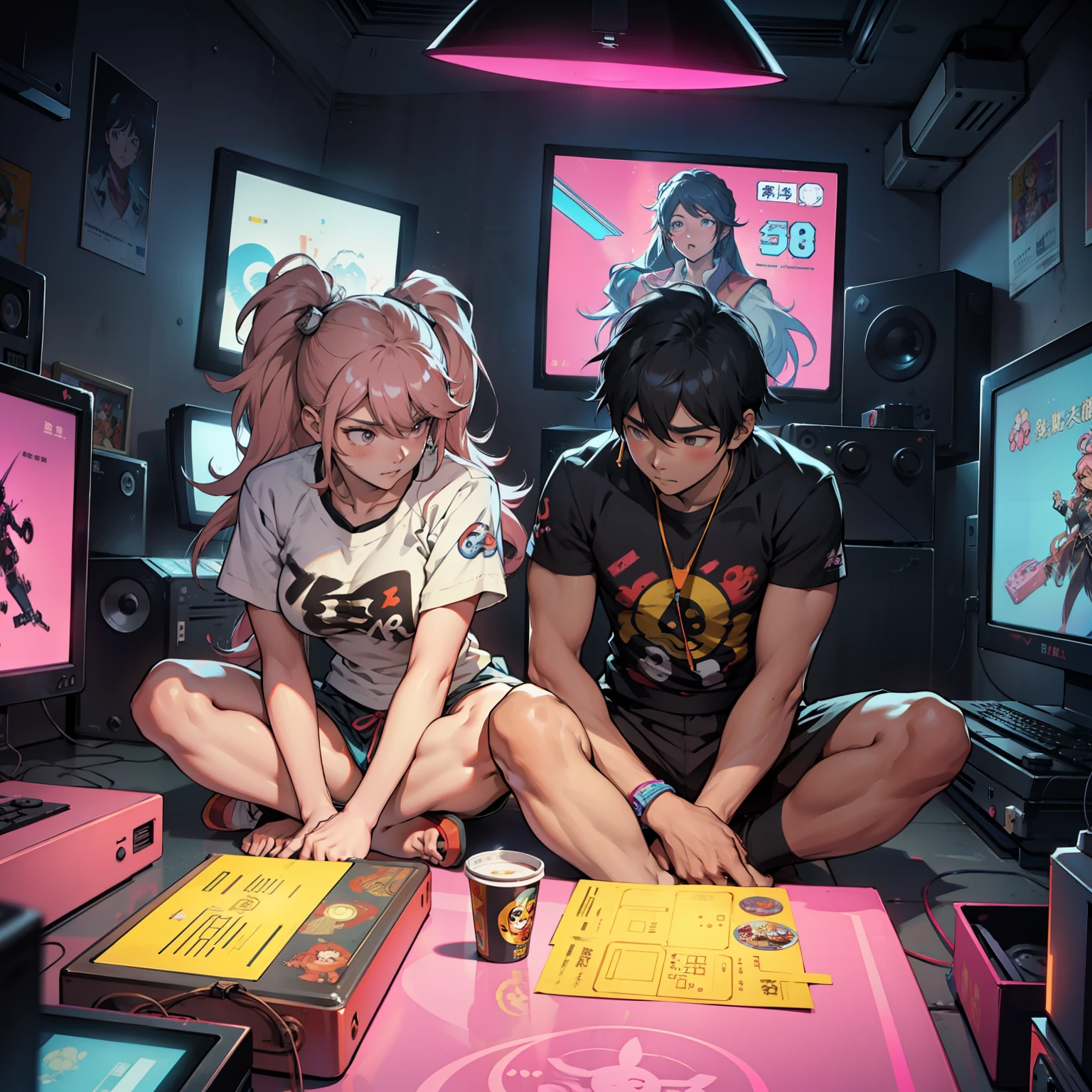 Junko and zhongli playing video games together in a room full of 80s style anime and posters in neon tones with video game controllers in their hands and enjoying