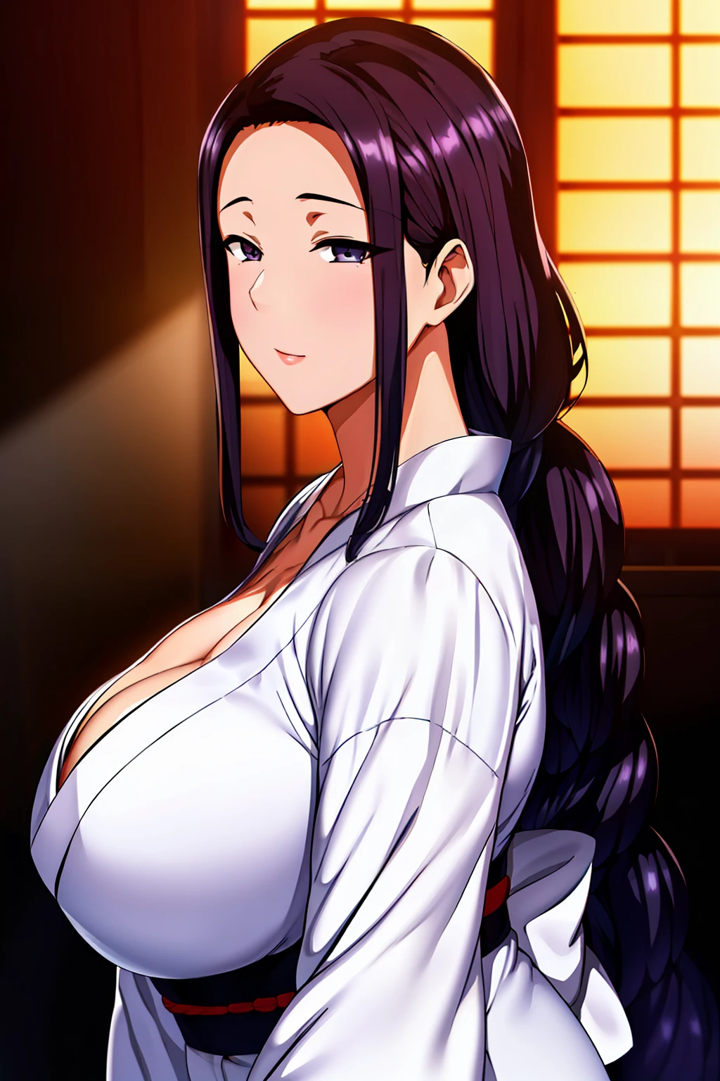 (Night:1.7), Japan, Tokyo, CityView, Before Window,
Standing at attention,
(White_kimono:1.3),cleavage,
black_hair, long_hair, hair_pulled_back,parted_lips,purple_eyes, braid,
1 girl, 24yo,mature female,Beautiful Finger,Beautiful long legs,Beautiful body,Beautiful Nose,Beautiful character design, perfect eyes, perfect face,
looking at viewer, in the center of the image,
NSFW,official art,extremely detailed CG unity 8k wallpaper, perfect lighting,Colorful, Bright_Front_face_Lighting,
(masterpiece:1.0),(best_quality:1.0), ultra high res,4K,ultra-detailed,
photography, 8K, HDR, highres, absurdres:1.2, Kodak portra 400, film grain, blurry background, bokeh:1.2, lens flare, (vibrant_color:1.2)
(Beautiful,large_Breasts:1.4), (beautiful_face:1.5),(narrow_waist),