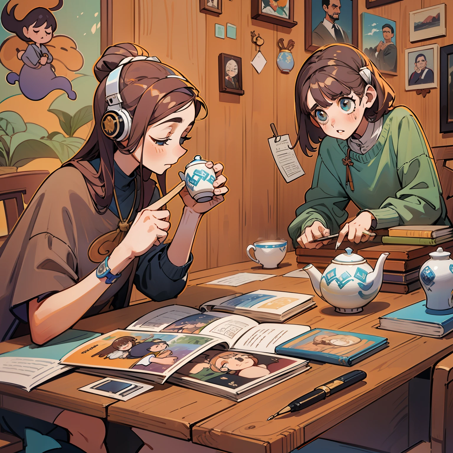estudando, cansada, olhos meio abertos, mesa de madeira, abajur na mesa, escrevendo, corpo inteiro, Wooden wall with abstract paintings and family photos, with tea on the table, With a twin sister , olhos abertos, com headphone, tomando refrigerante, com moletom, livros encima da mesa, A digital clock on the table, pens and pencils scatte celular encima da mesa