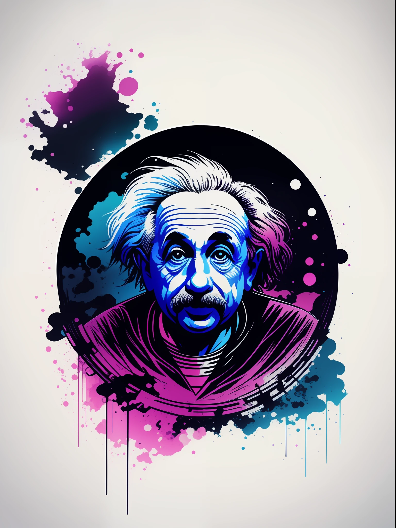 albert einstein, 2D t-shirt art, Cyberpunk, epic illustration, vector, 2d illustration, black background, very colorful, full gradient modern colors, Focused, front view