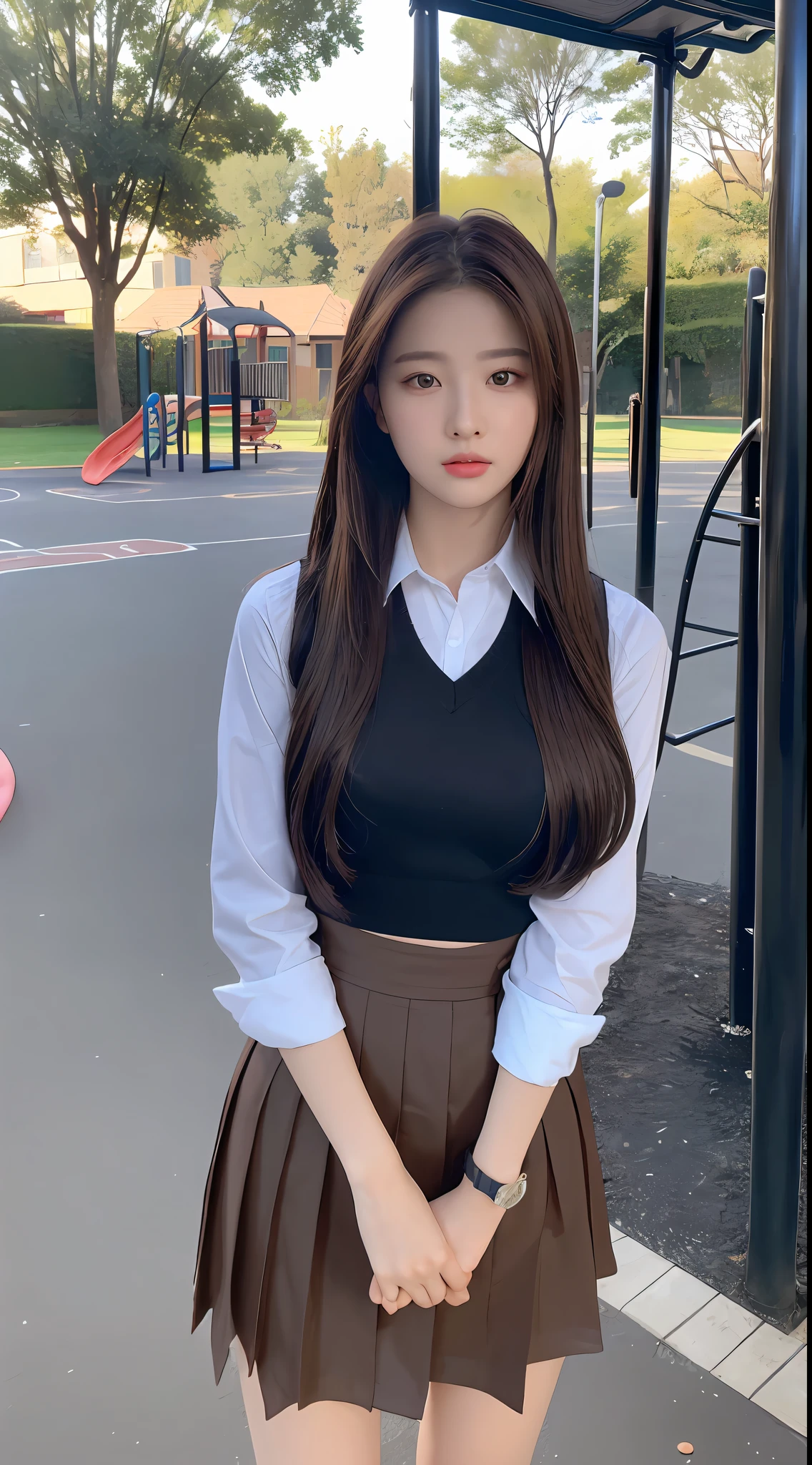 ((Realistic lighting, Bestquality, 8k, MASTERPIECE:1 girl.3 girls)), Sharp Focus:1 girl.2 Maidens, 1 girl one girl, A beauty with a perfect figure:1 girl.4 pcs, Slim abs:1 girl.1 girl, ((Dark Brown Hair)), (school uniforms:1 girl.4 pcs）,（out door，Daytime：1 girl.1 girl），playground，ultrahigh-fine face，Fine eyes，Double eyelidd，