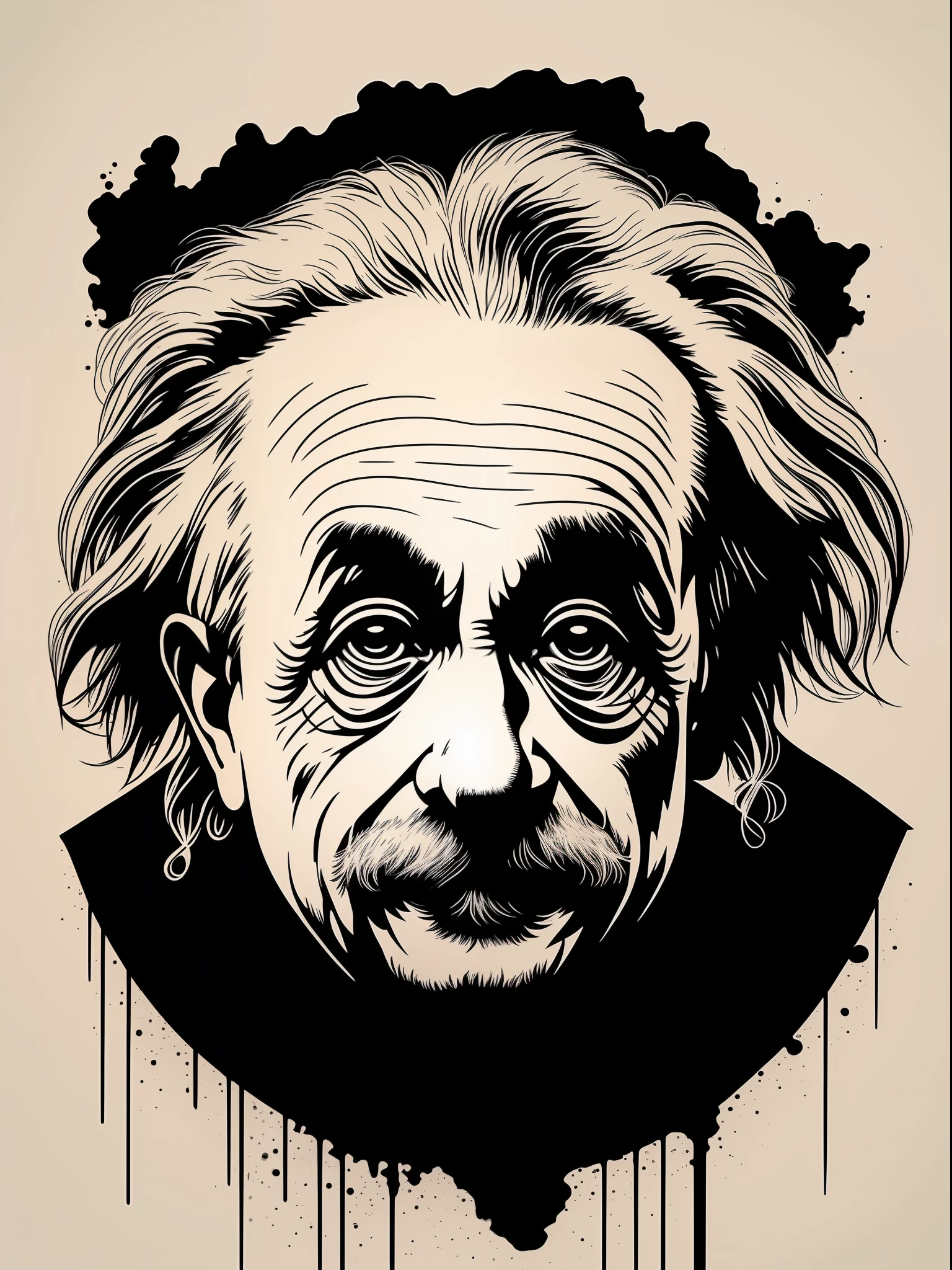 albert einstein, t-shirt art, 2D, ((black background :1, 5)), vector, vivid colors, masterpiece, best quality, intricate details, perfect symmetrical face, realistic details, gothic theme, rim light, moonlight, cinematic shading, Greg Rutkowisk