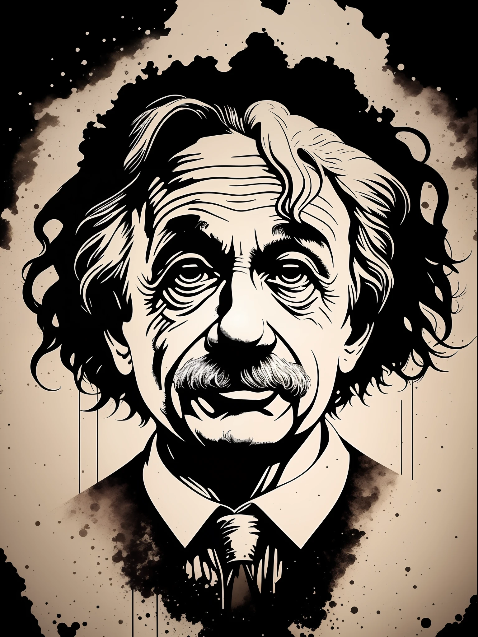 albert einstein, t-shirt art, 2D, ((black background :1, 5)), vector, vivid colors, masterpiece, best quality, intricate details, perfect symmetrical face, realistic details, gothic theme, rim light, moonlight, cinematic shading, Greg Rutkowisk