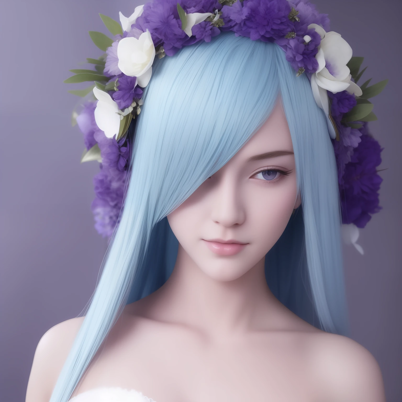 brynhildr lancer fgo,20-year old,bride,pure,gingle,close eyes,laurel wreath,white wedding dress,shyly pose, pretty round face,tall,very skinny,slender,light blue hair, cross-cut bangs strongly leans to the right,detailed hair@Sieg