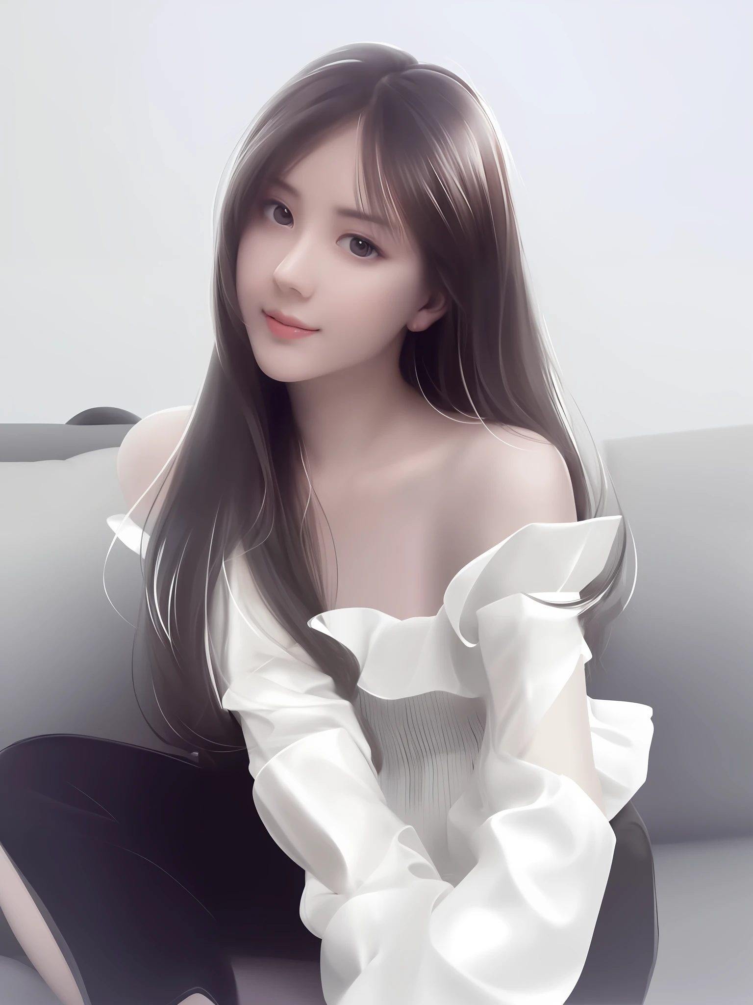 there is a woman sitting on a couch with a white shirt, digital art of an elegant, portrait of female korean idol, elegant digital painting, in the art style of bowater, Guviz-style artwork, Korean girl, A beautiful artwork illustration, [ 4 K digital art ]!!, glossy digital painting, Beautiful digital illustration, soft digital painting