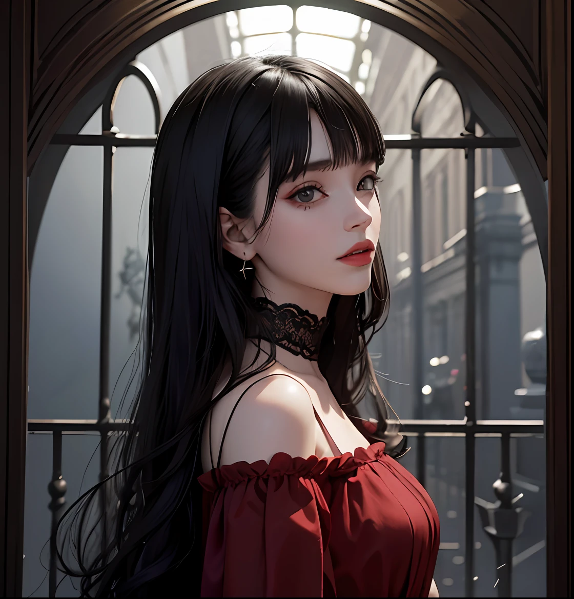 Arte oficial, Unity 8k, super detalhado, melhor qualidade, escuro, dark, red, vermelho e preto, horror, 1menina, lo gothic, idol, coreana, kpop, linda, beautiful, muito bonito, sorrindo, com medo, sorriso assustador, misteriosa, olhar para o espectador, cabelo preto escuro, franja preta, franja, dark, black, preto, terror, vestido, gotic, vitoriano, andando, corredor, old mansion, assombrado, segurando vela, assustador, atmospheric, mistic, romantico, assustador, literatura, arte, moda, era vitoriana, Haunted Mansion, vitoriano, decoration, complexidades, contemplation, profundidade emocional, sobrenatural, 1 menina, solo, peito plano, cavaleiro, fantasia