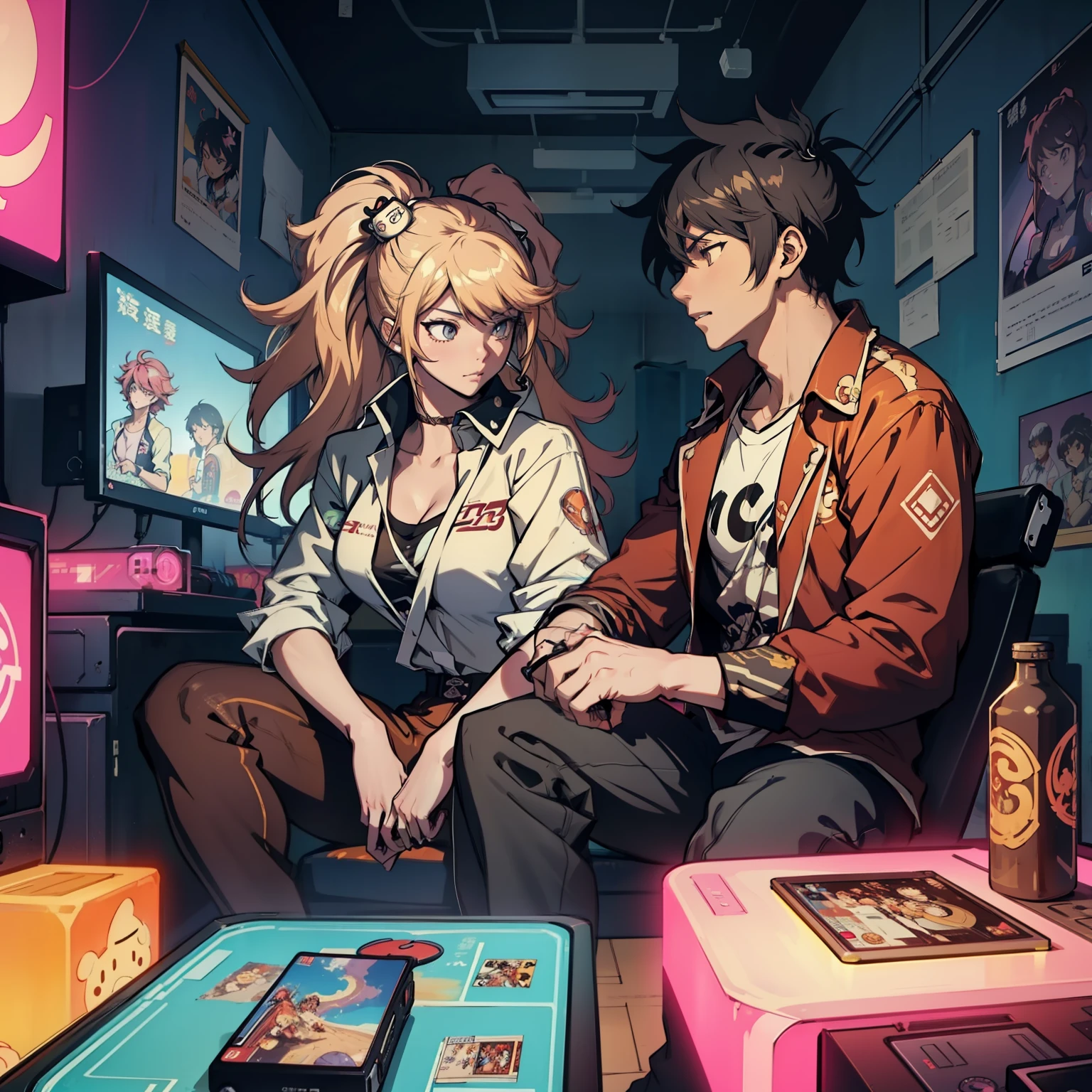 Junko and zhongli playing video games together in a room full of 80s style anime and posters in neon tones with video game controllers in their hands and enjoying