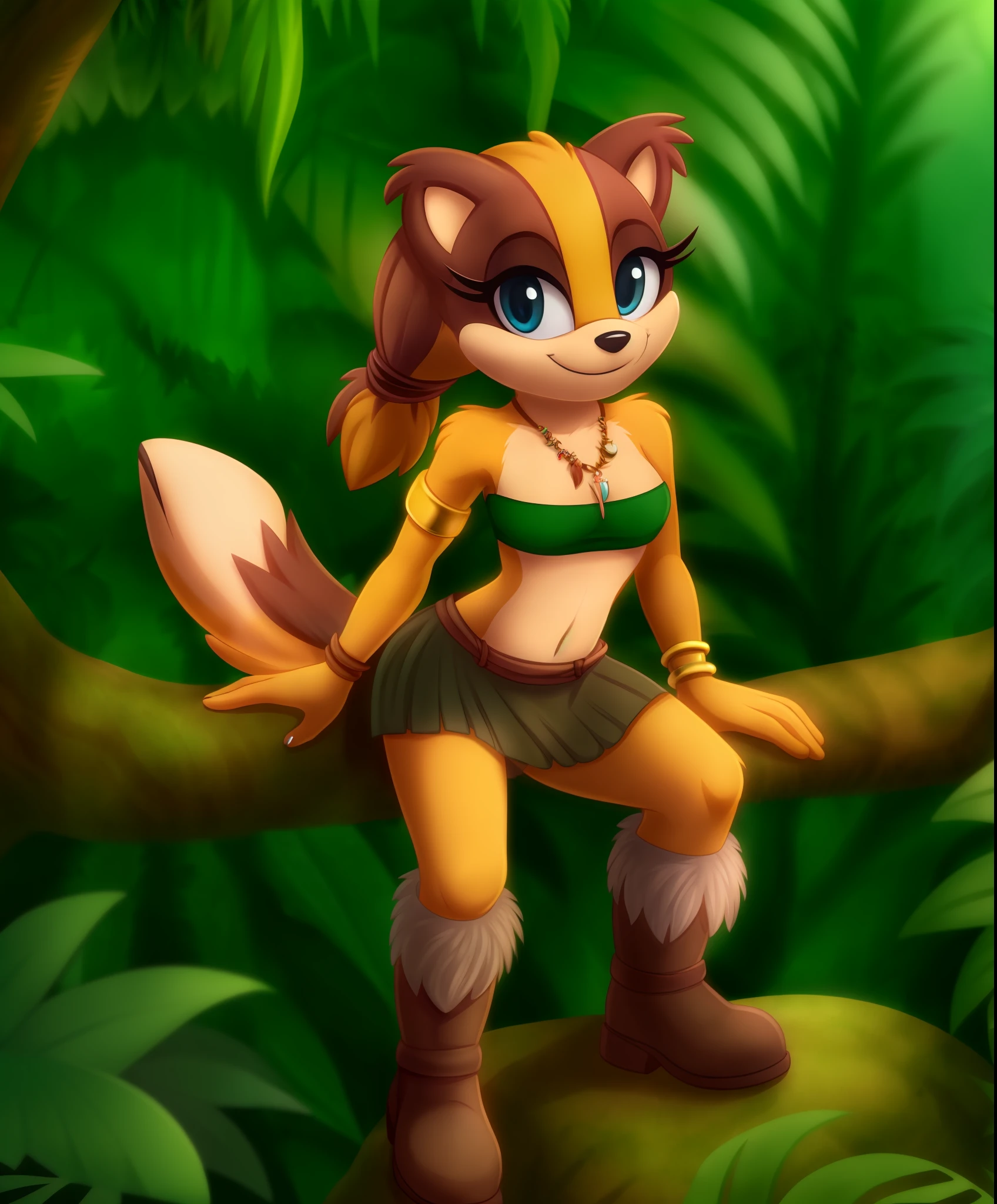 (best quality, masterpiece:1), stick the badger, small nose, solo, furry female anthro, necklace, grey bandeau, grey skirt, gold armlet, bracelet, boots, looking at viewer, smile, tail, twintails, , (outdoors jungle background:1.1),