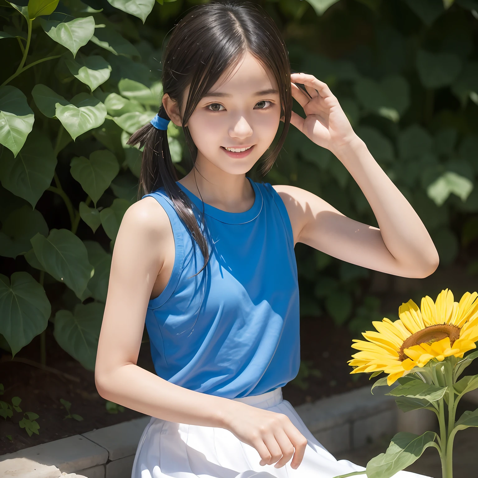 slim figure, femele, Blue Sleeveless T-Shirt, White chiffon long skirt, A smile, Watering in the garden, bangss, (((a ))), Short Bob Twin Tail Hair,realskin, (((sixteen years old))), bangower