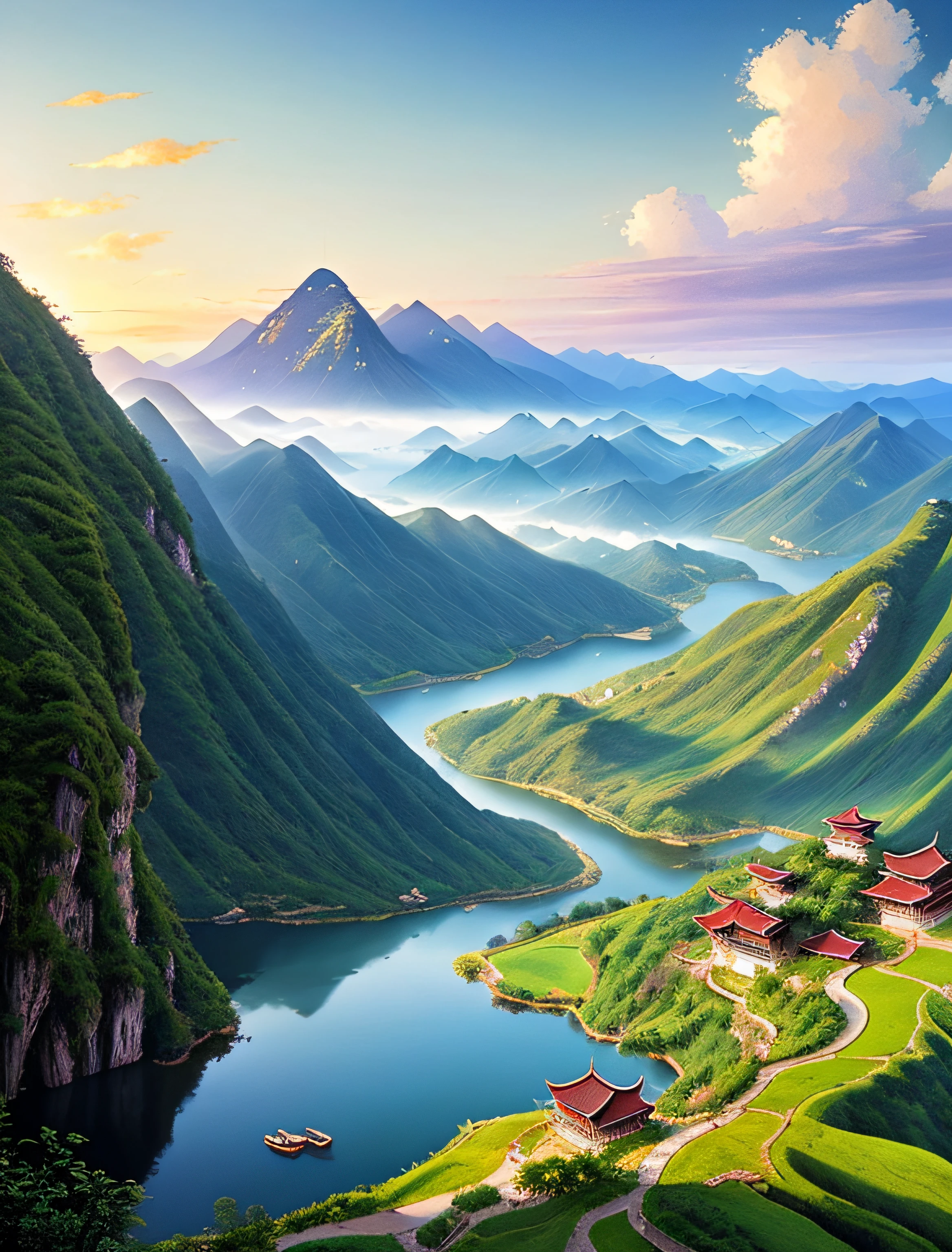 In the morning,Chinese architecture on the mountain,Magnificent,John Howe view,Lake,China,Dragon,Clouds,Farm,Lupu fairy tales,Light effect,Dream,greg rutkovsky,art stations