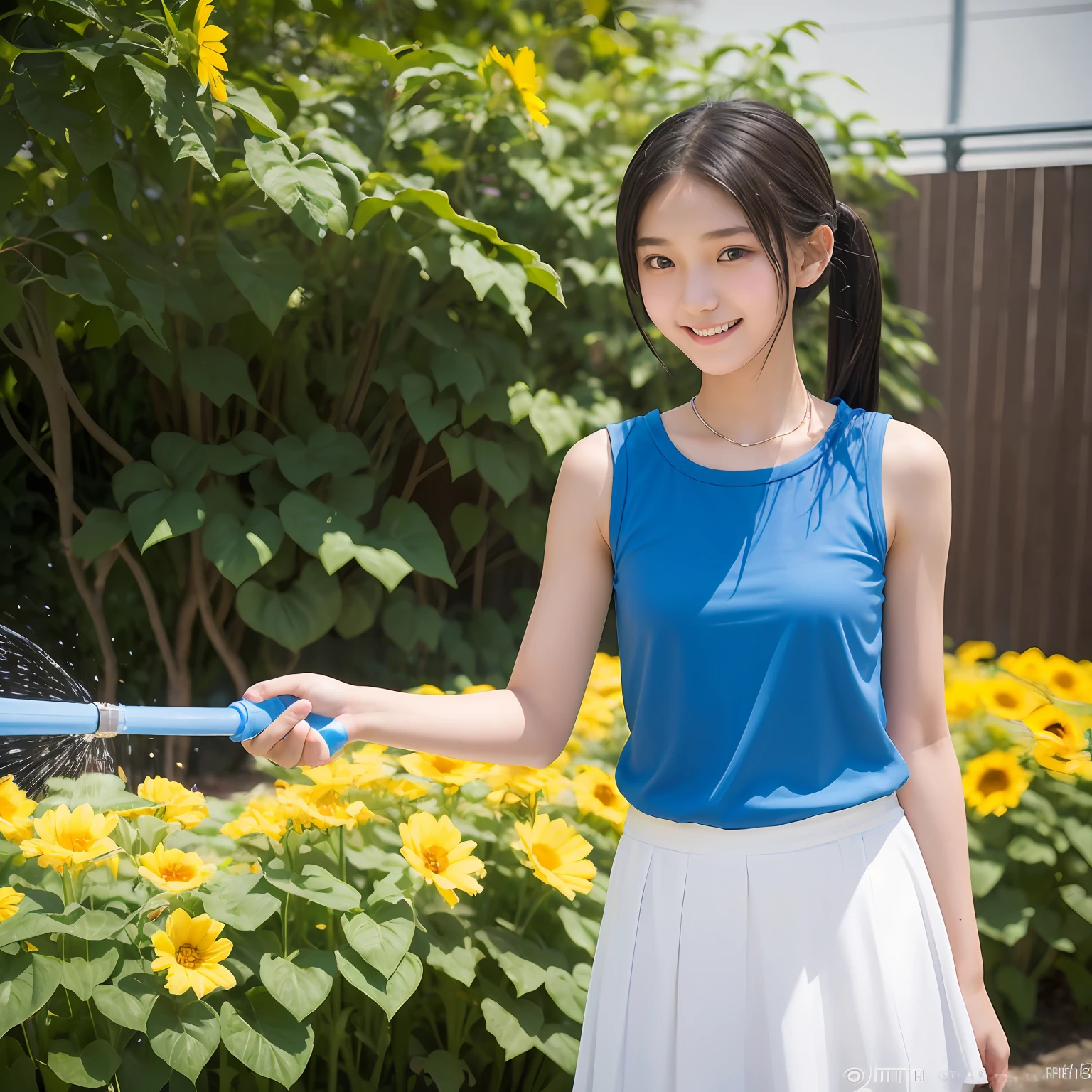 slim figure, femele, Blue Sleeveless T-Shirt, White chiffon long skirt, A smile, Watering in the garden, bangss, (((a junior high school student))), Short Bob Twin Tail Hair,realskin, (((sixteen years old))), bangss, hoses, Sun flower