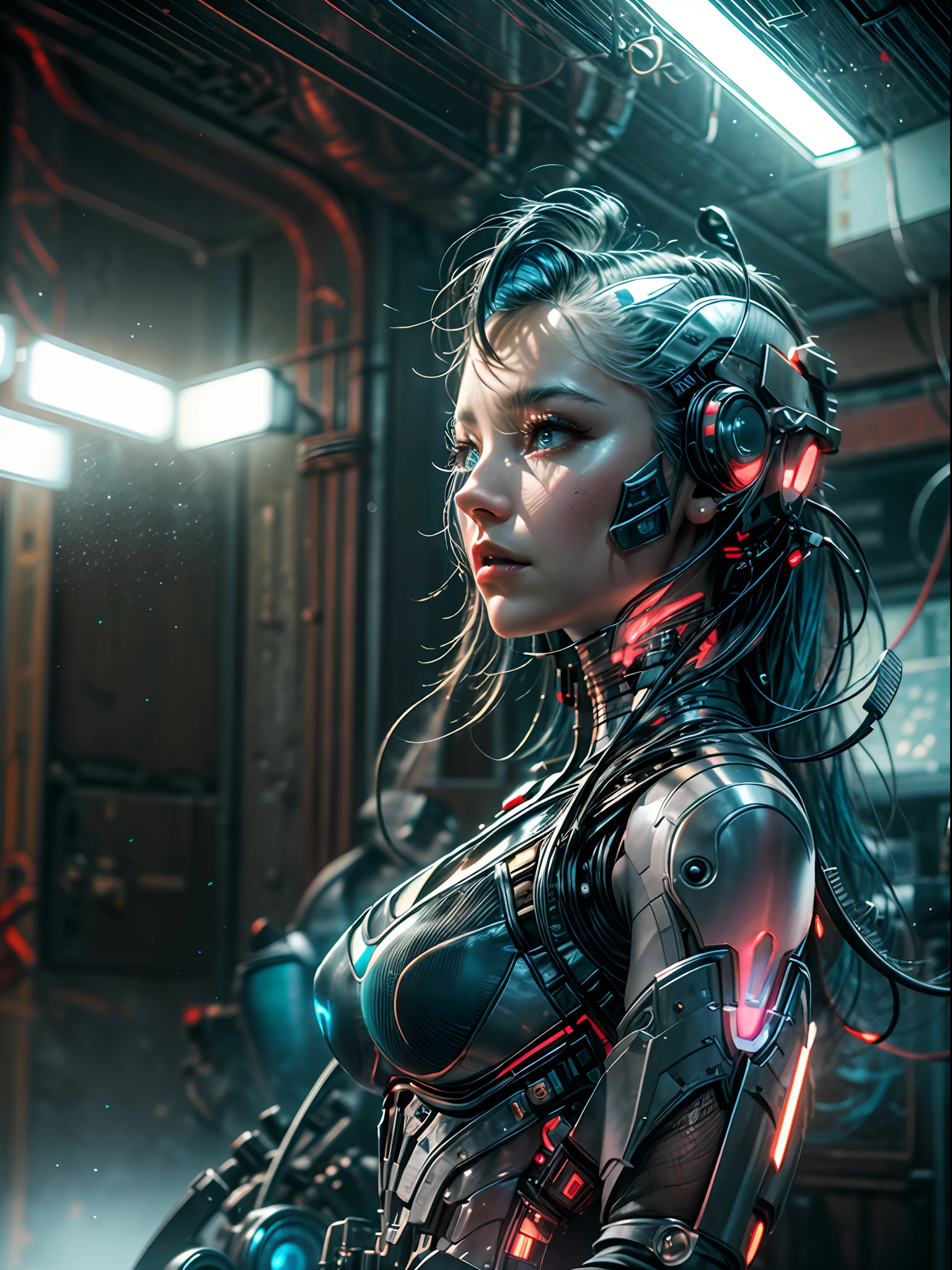 masterpiece, CGI, ultra high res:1.4), a perfect CGI rendering of a female robotic figure with a sleek and feminine body design, crafted entirely from gleaming metal, intricate wires, and carbon fiber plates, standing elegantly in a small, well-lit room, illuminated by multiple LED spotlights that accentuate every fine detail of her body, her humanoid head features flawless human-like skin, mesmerizing vibrant pink eyes that seem to glow with life, and a unique mo-hawk style blue hair made of finely textured fibers, her delicate facial features evoke a sense of grace and wonder, her entire body design is both sophisticated and enchanting, her lithe form exudes a sense of power and grace, the room's backdrop accentuates the futuristic ambiance with minimalist decor and subtle lighting effects, the CG rendering showcases high-level realism and precision, DSLR camera model: Canon EOS R6, lens: Canon RF 50mm f/1.2L USM, Cinematic, Hyper-detailed, insane details, Beautifully color graded, Unreal Engine, DOF, Super-Resolution, Megapixel, Cinematic Lightning, Anti-Aliasing, FKAA, TXAA, RTX, SSAO, Post Processing, Post Production, Tone Mapping, CGI, VFX, SFX, Insanely detailed and intricate, Hyper maximalist, Hyper realistic, Volumetric, Photorealistic, ultra photoreal, ultra-detailed, intricate details, 8K, Super detailed, Full color, Volumetric lightning, HDR, Realistic, Unreal Engine, 16K, Sharp focus, octane render