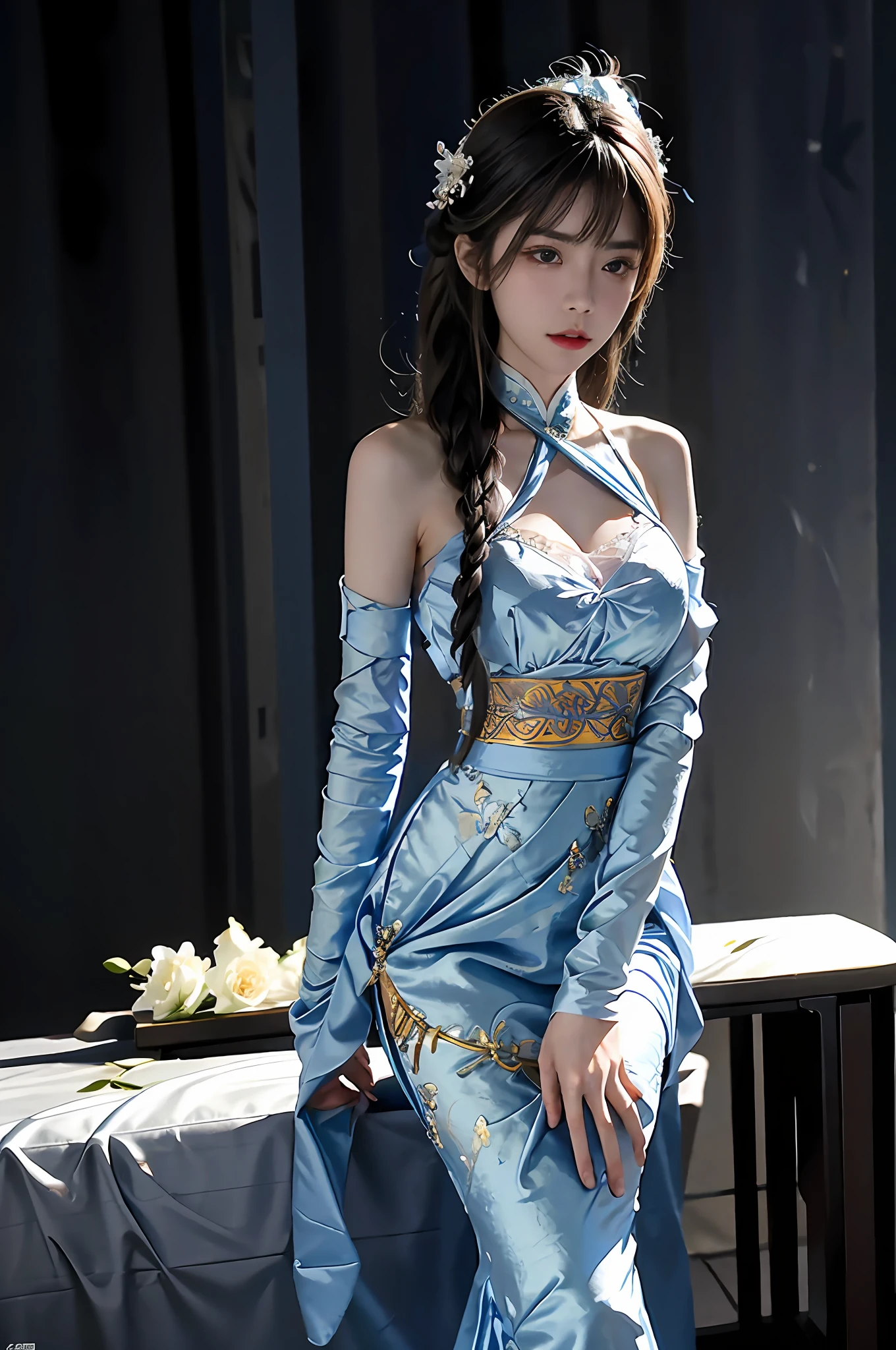 Zhong Fenghua， 1girll， （full bodyesbian） 独奏， Hanfu， flower  field， blossom flower， （Black smoke：1.4） （realisticlying：1.5）， datura， entangled， offcial art， Unity 8k壁纸， ultra - detailed， Beautiful and beautiful， tmasterpiece，best qualtiy， （dynamic angle：1.4）， （Realistic：1.5），（Real human photos；1.5），（Bigboobs：1.2），（Liuhai hairstyle：1.5）（Shoulders exposed：1.2），Glowing skin， （Floating colorful flashes：1.2），The most beautiful classical form，（ellegance：1.2），Fauvistdesign，vivd colour，Romanticism Depth of Field，