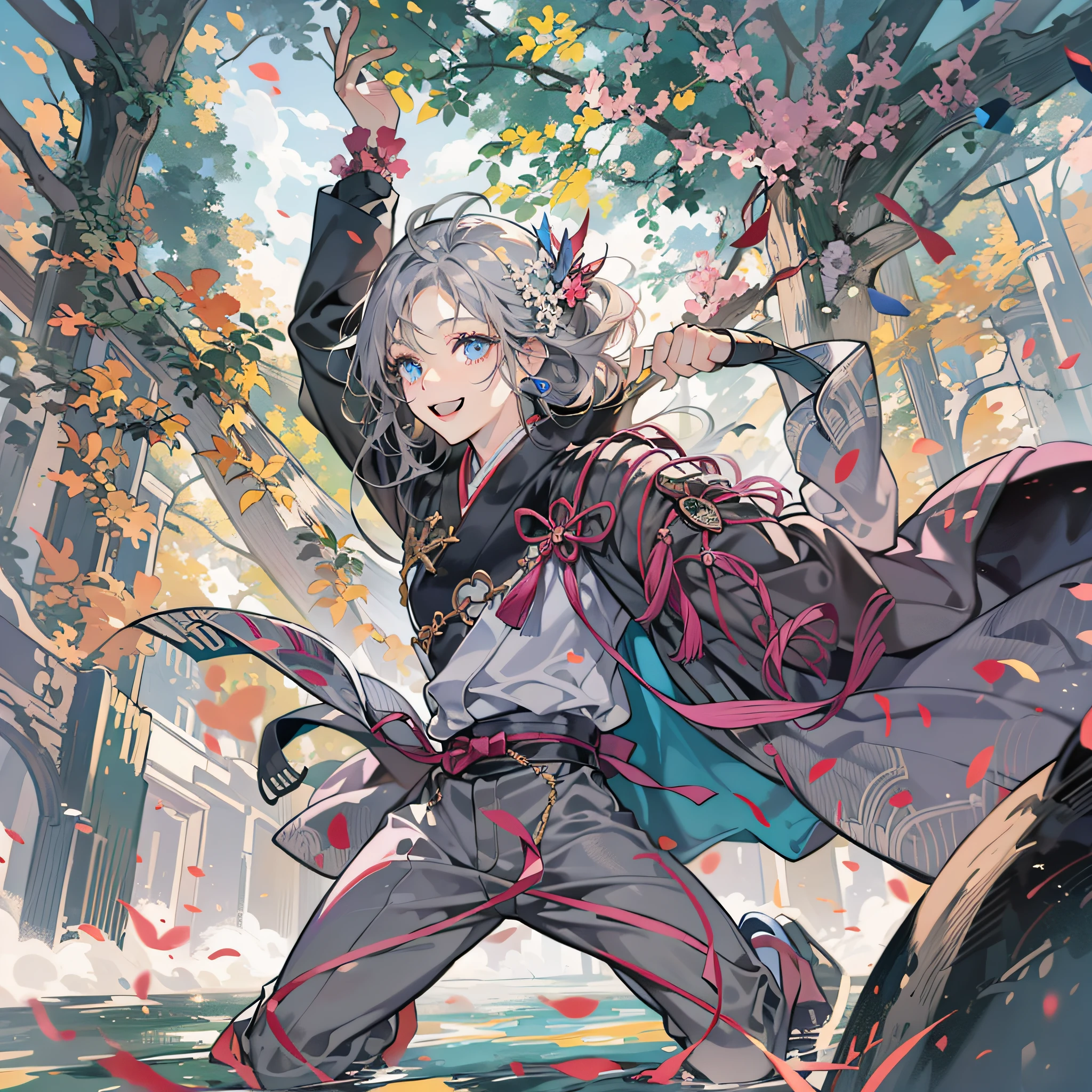 Young man with gray hair、japanes、blue eyes、Fighting、naturey、Illustration、Super beautiful、Rich in color、Crazy smile、Posing、Reaching out、full bodyesbian、